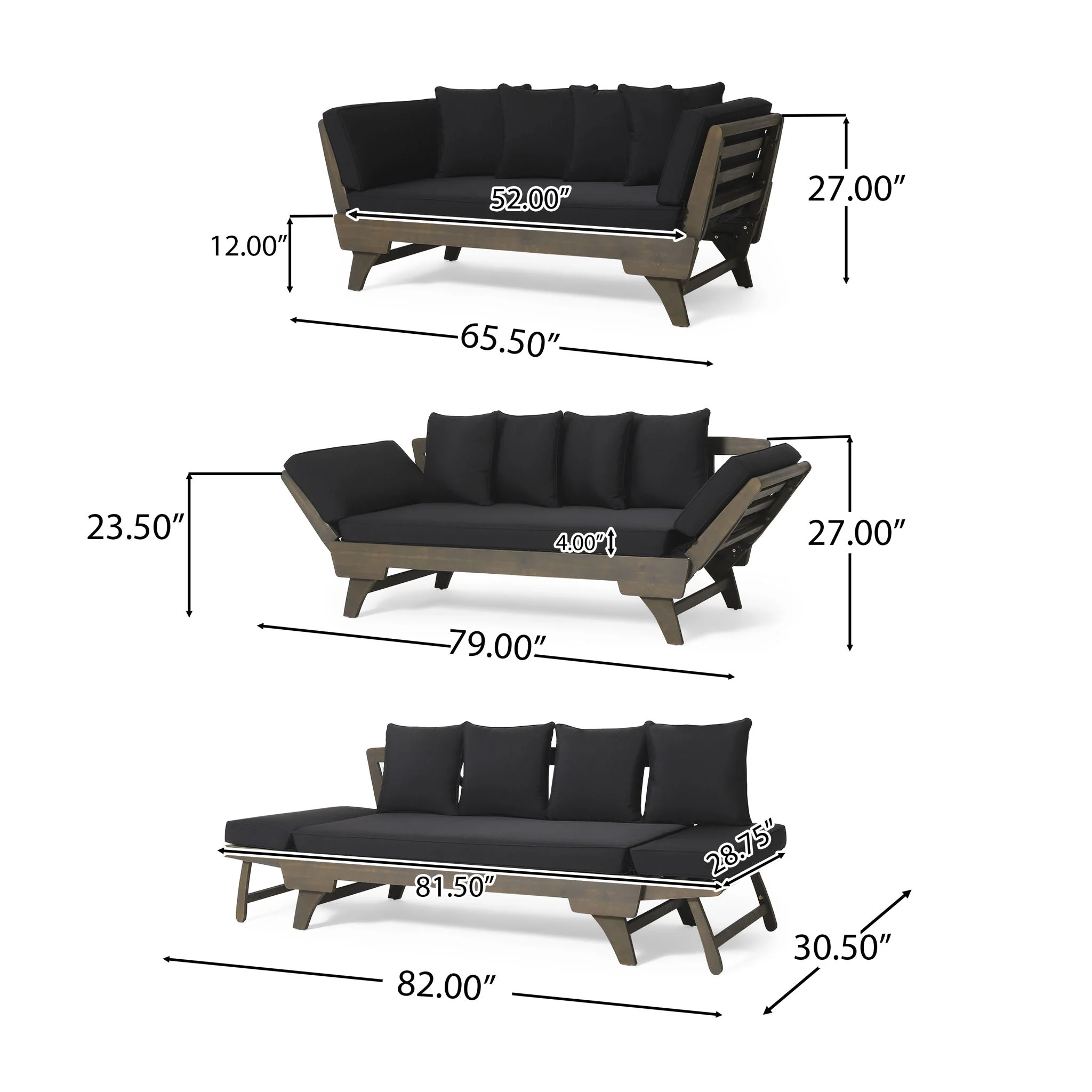 Outdoor Patio Daybed Sofa, 3 Seat Sofa With Foldable Arm 4 Back Pillows - Image 6