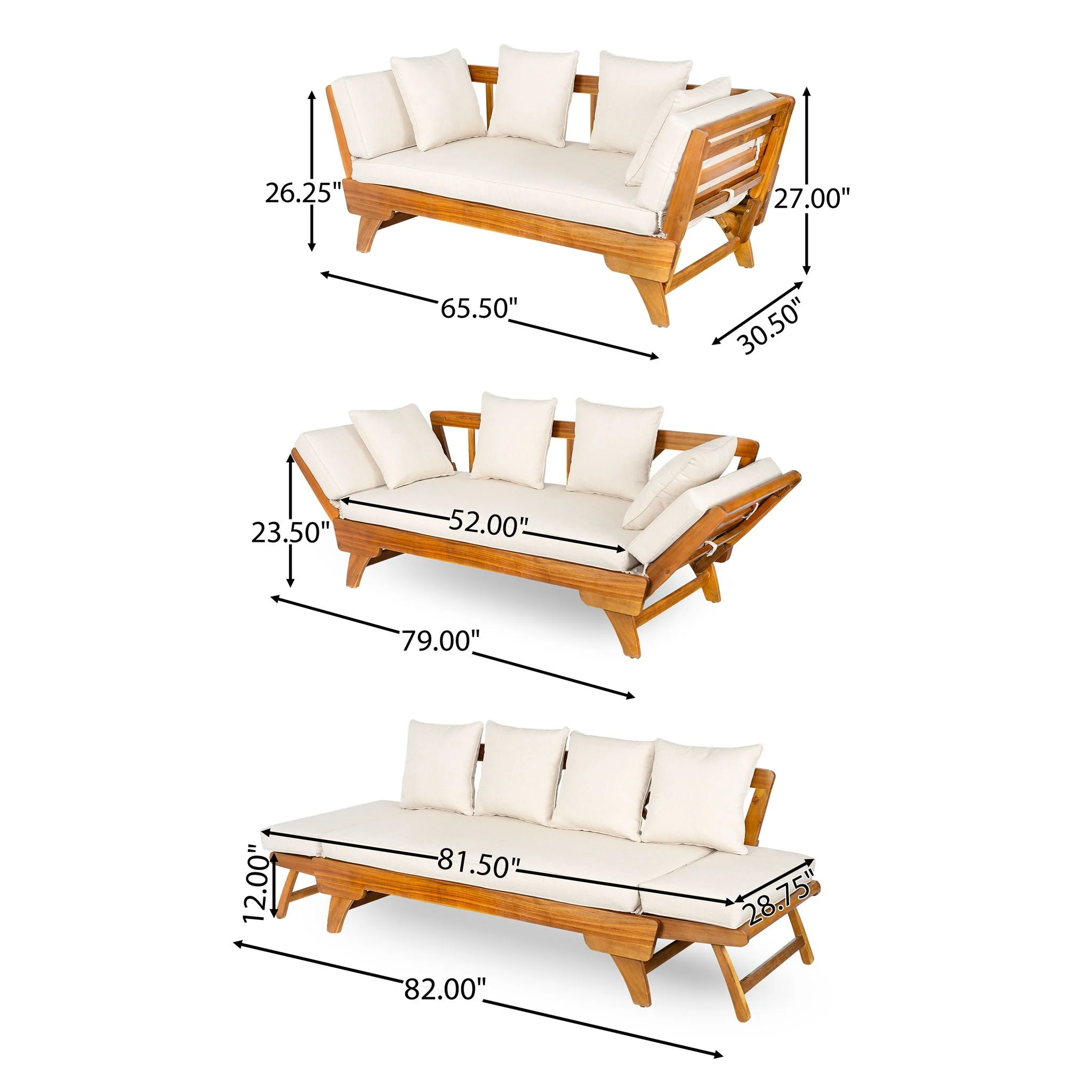Outdoor Patio Daybed Sofa, 3 Seat Sofa With Foldable Arm 4 Back Pillows - Image 8