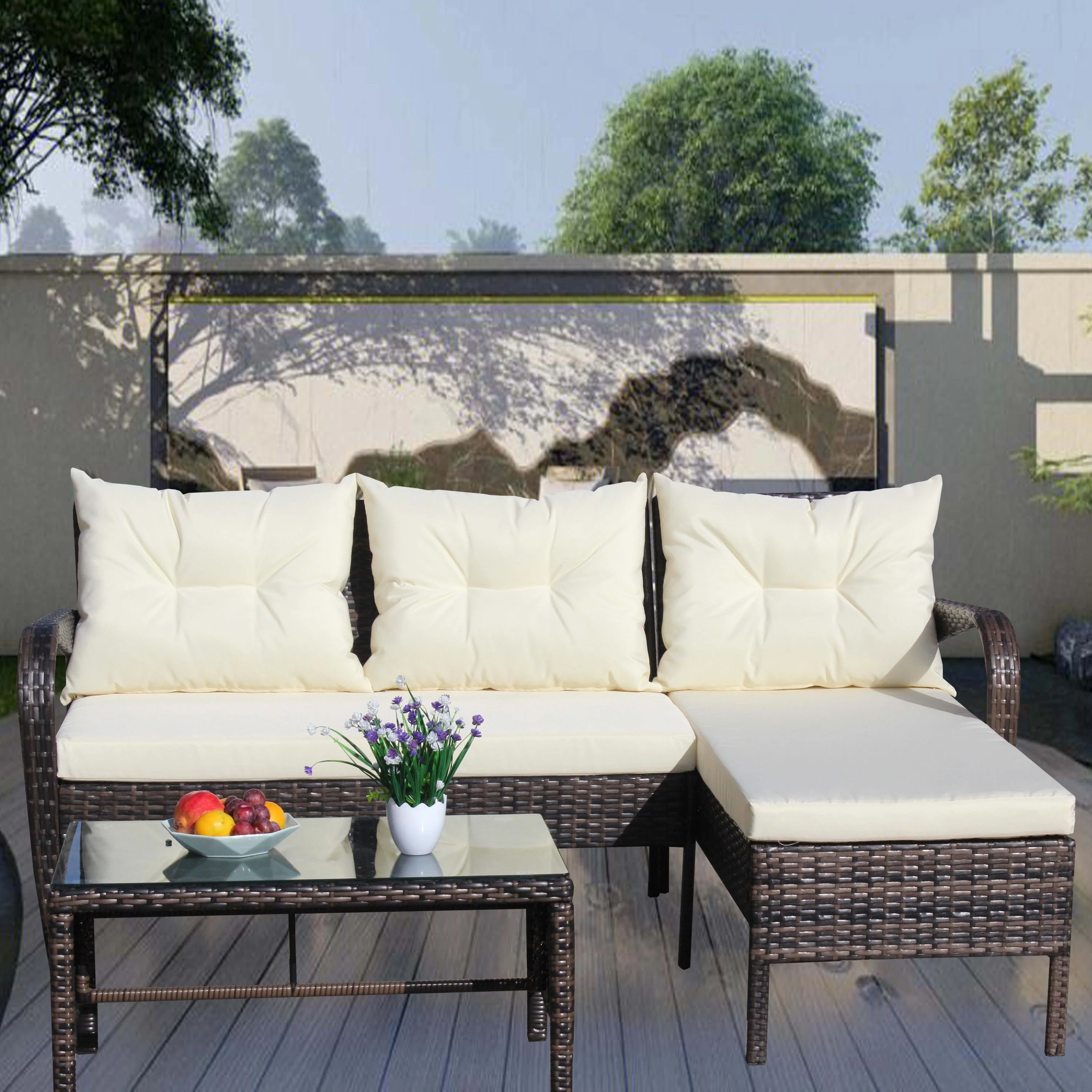 Outdoor Patio Furniture 3-Piece Conversation Set (Beige Cushion) - Image 10