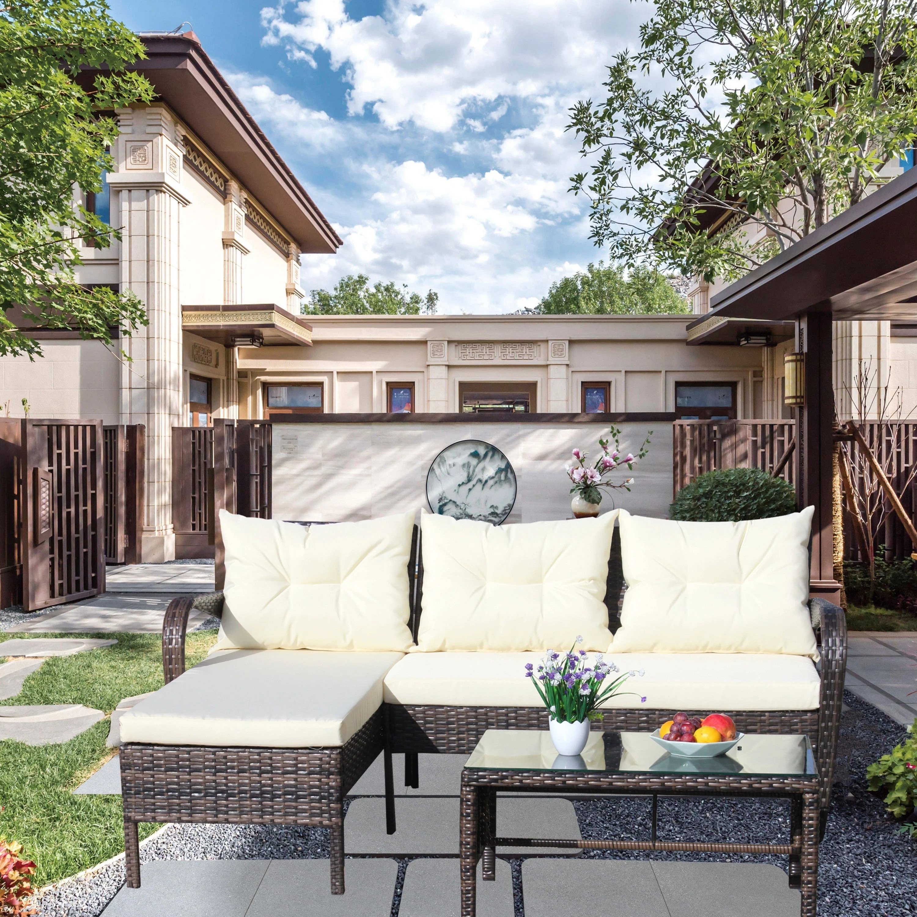 Outdoor Patio Furniture 3-Piece Conversation Set (Beige Cushion) - Image 11