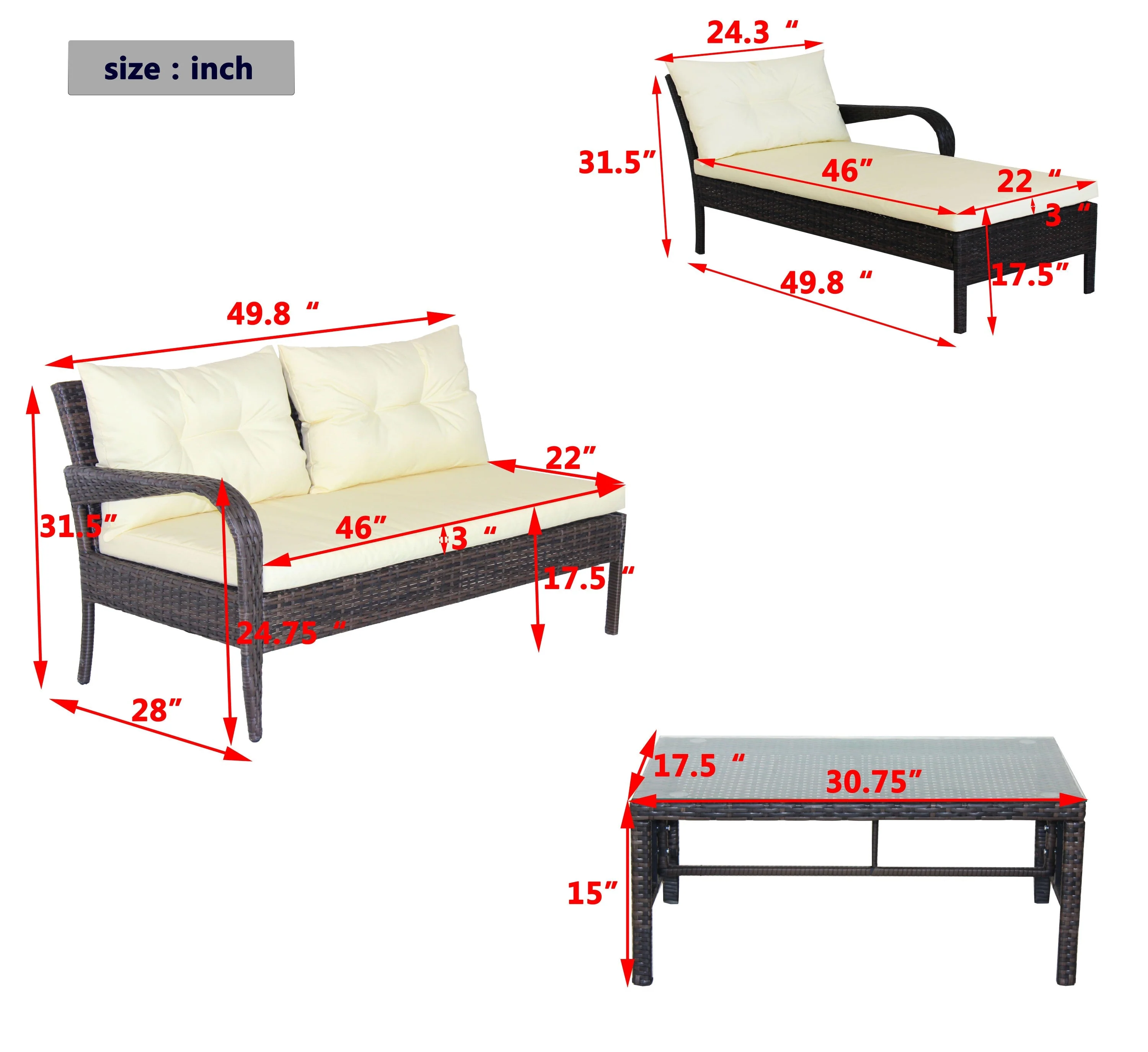 Outdoor Patio Furniture 3-Piece Conversation Set (Beige Cushion) - Image 17