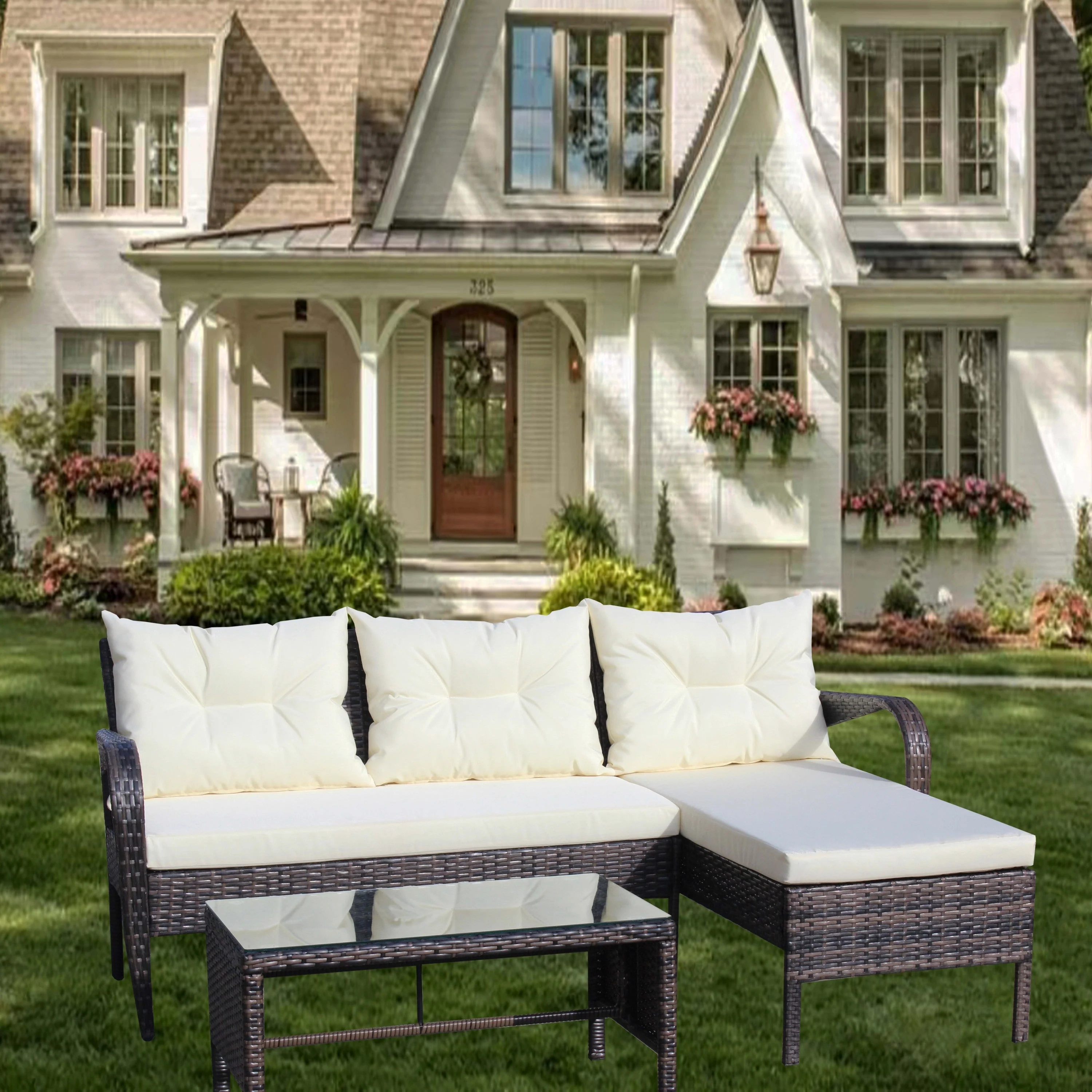 Outdoor Patio Furniture 3-Piece Conversation Set (Beige Cushion) - Image 2