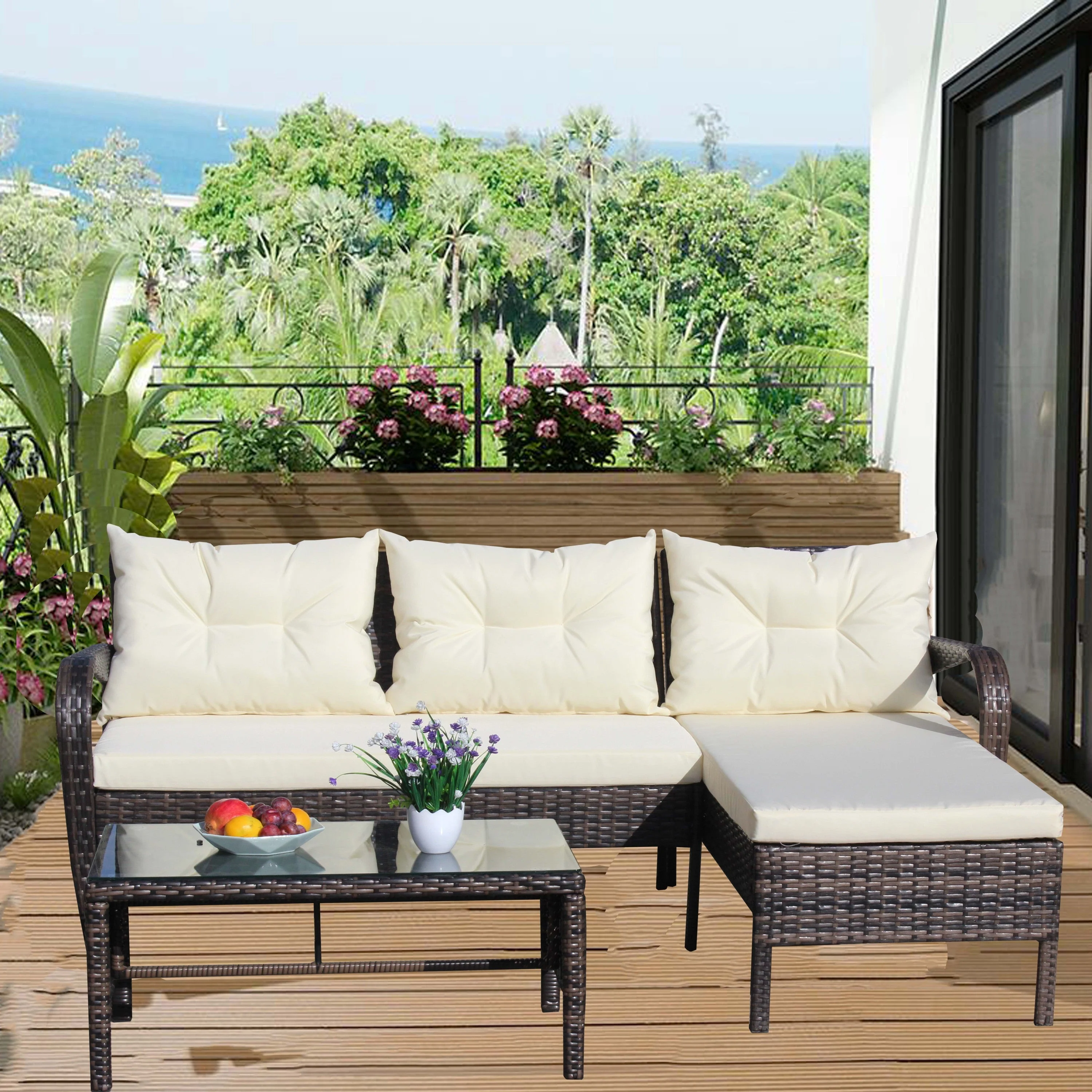 Outdoor Patio Furniture 3-Piece Conversation Set (Beige Cushion) - Image 3
