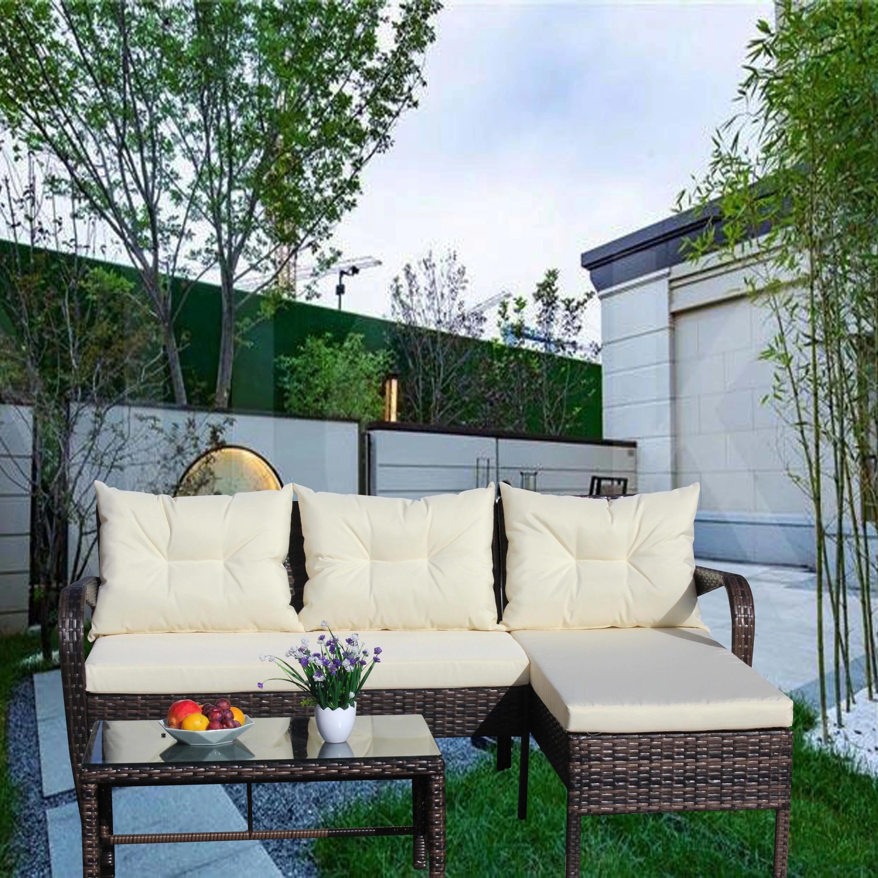 Outdoor Patio Furniture 3-Piece Conversation Set (Beige Cushion) - Image 4