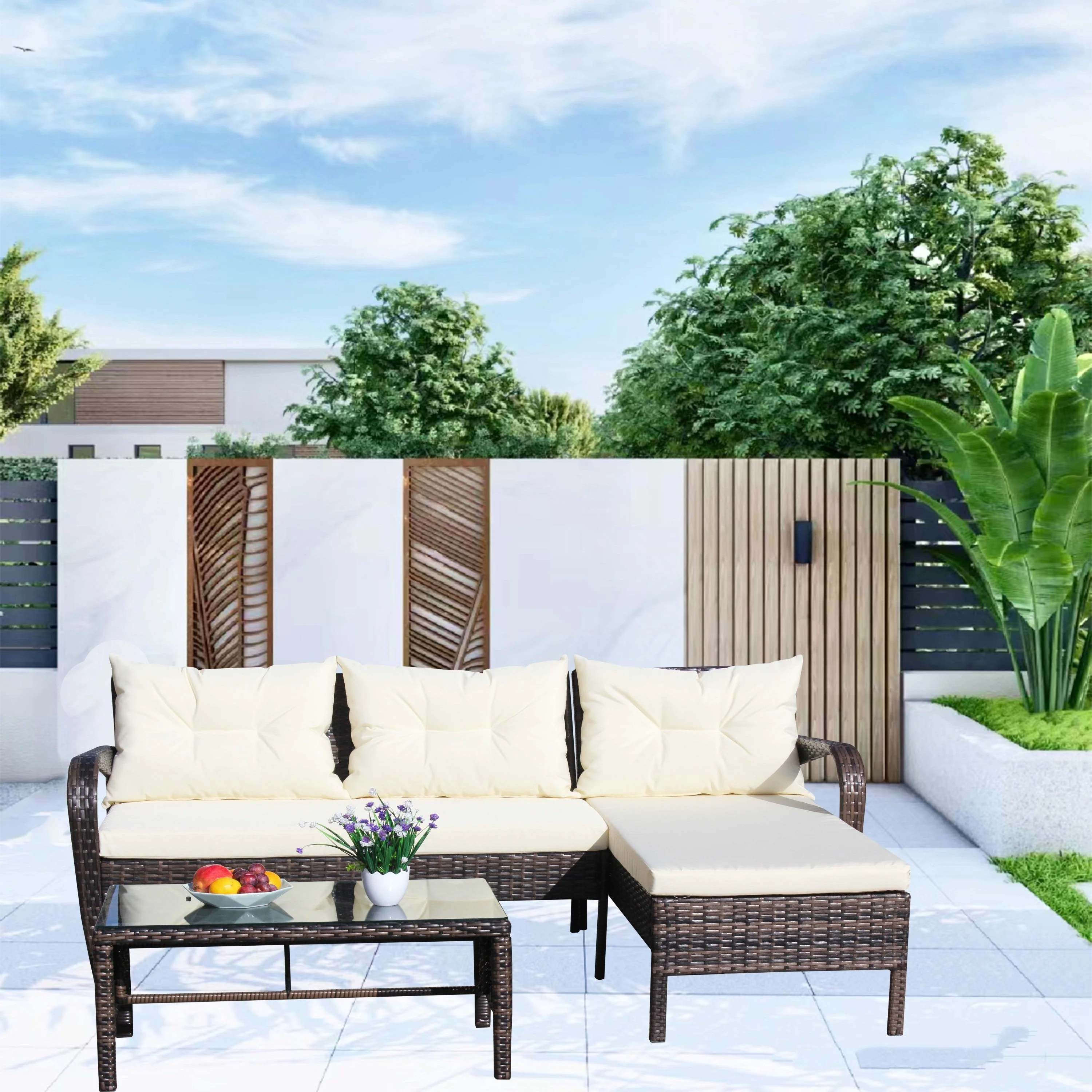 Outdoor Patio Furniture 3-Piece Conversation Set (Beige Cushion) - Image 7