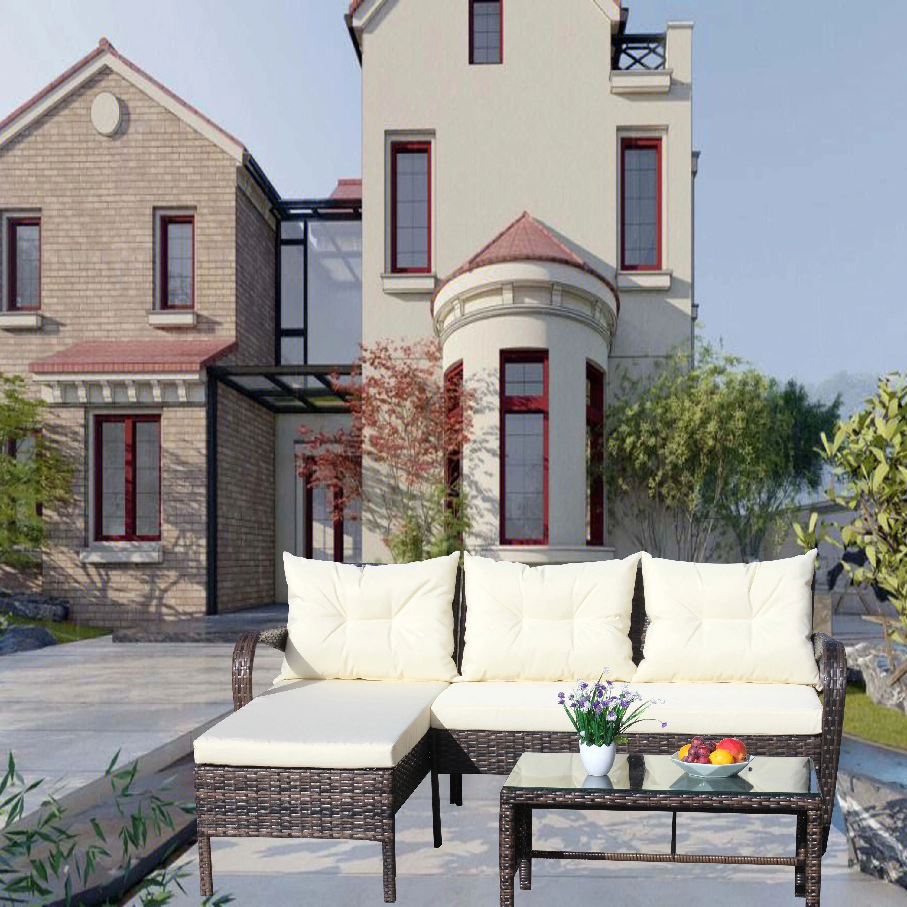 Outdoor Patio Furniture 3-Piece Conversation Set (Beige Cushion) - Image 8