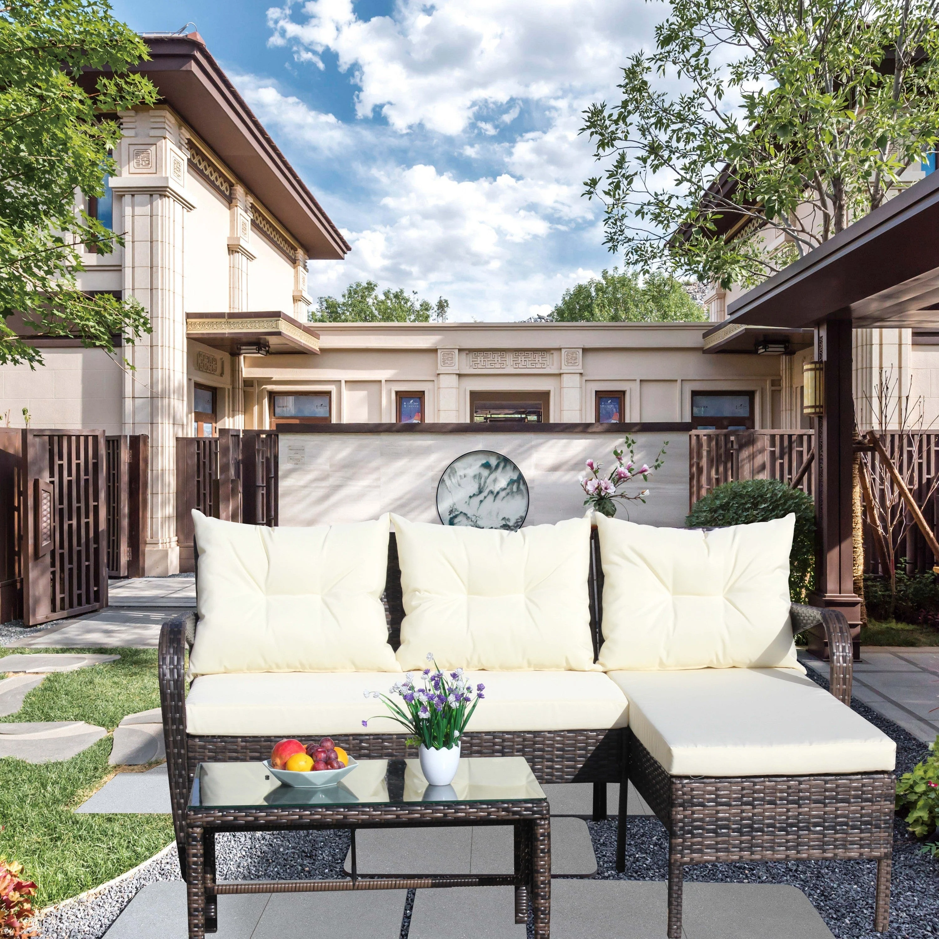 Outdoor Patio Furniture 3-Piece Conversation Set (Beige Cushion) - Image 9