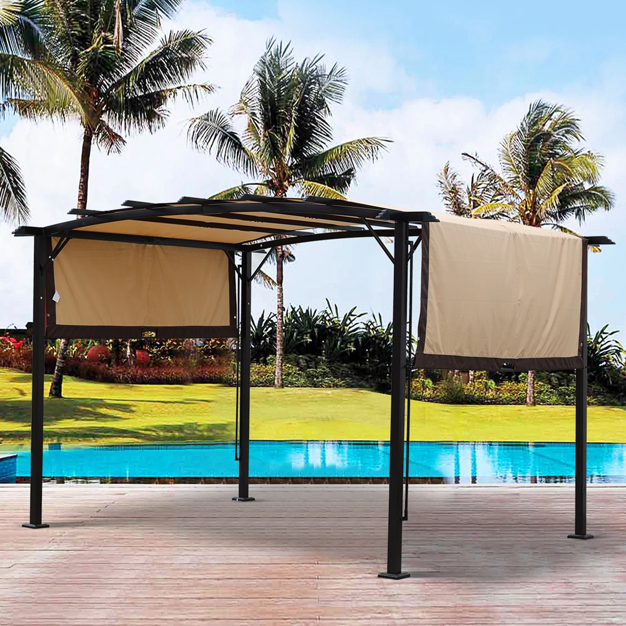 Outdoor Patio Pergola Gazebo - Steel Frame Sun Shelter With Retractable Canopy - Image 4