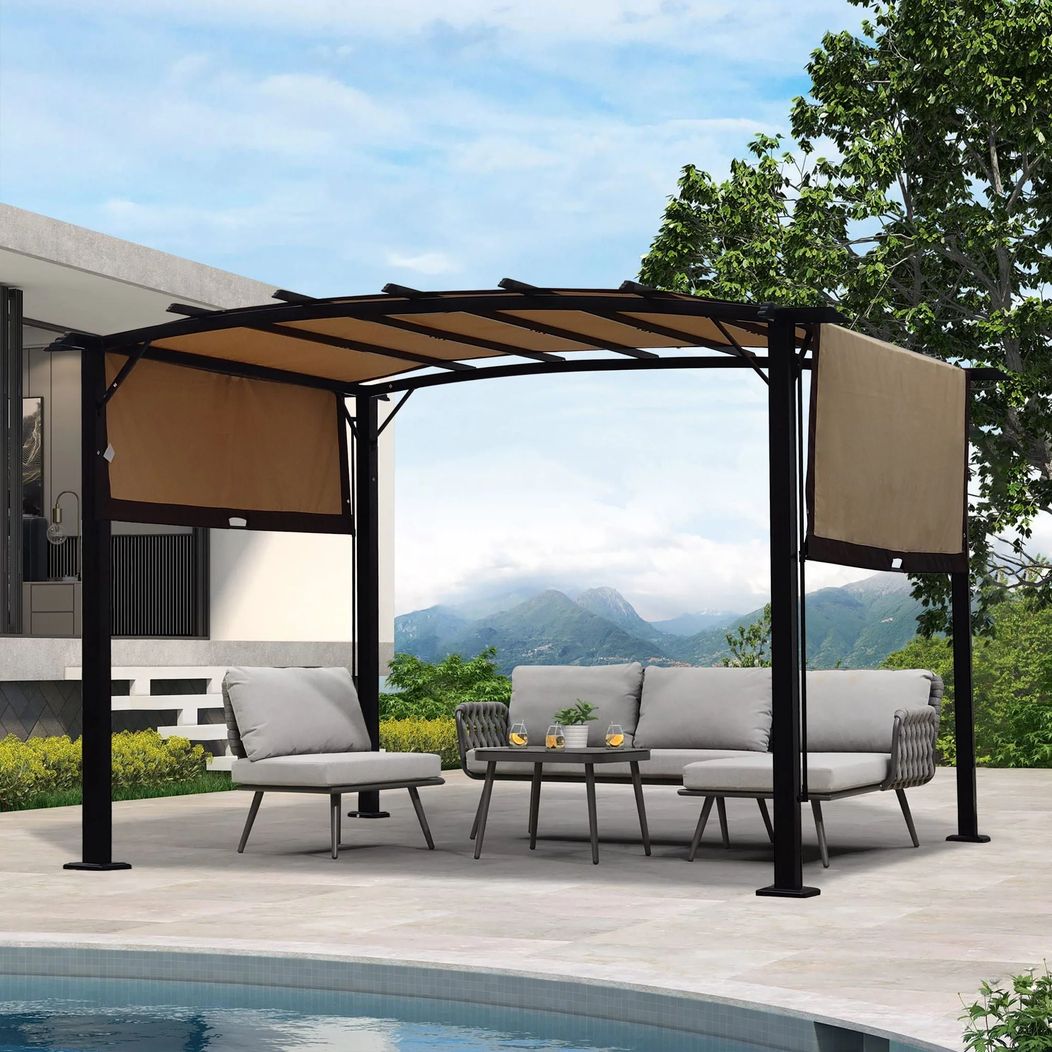Outdoor Patio Pergola Gazebo - Steel Frame Sun Shelter With Retractable Canopy - Image 5