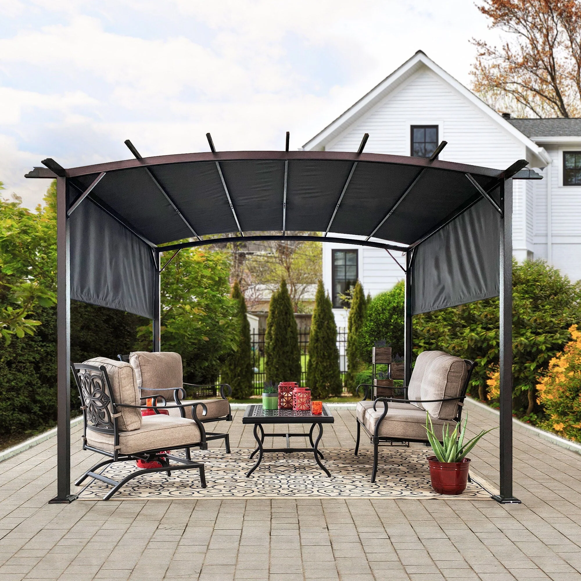 Outdoor Patio Pergola Gazebo - Steel Frame Sun Shelter With Retractable Canopy - Image 8
