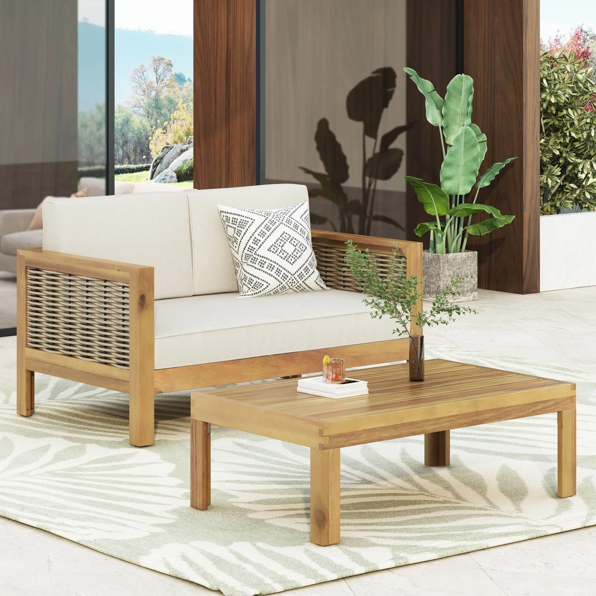Outdoor Patio Set With Coffee Table And Loveseat - Teak / Beige - Image 3