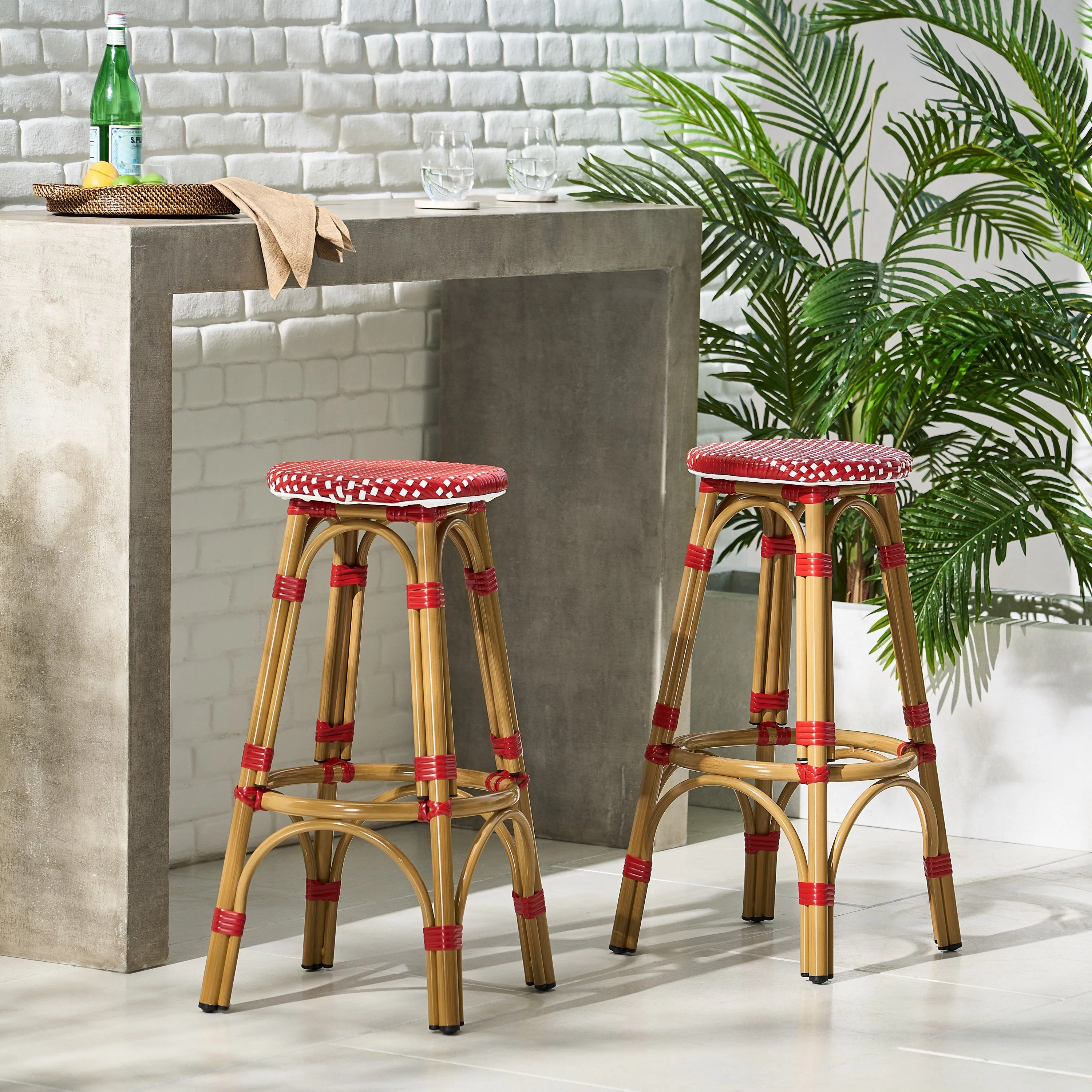 Outdoor PE Rattan and Aluminum French Backless Barstools, Set of 2 - Image 2