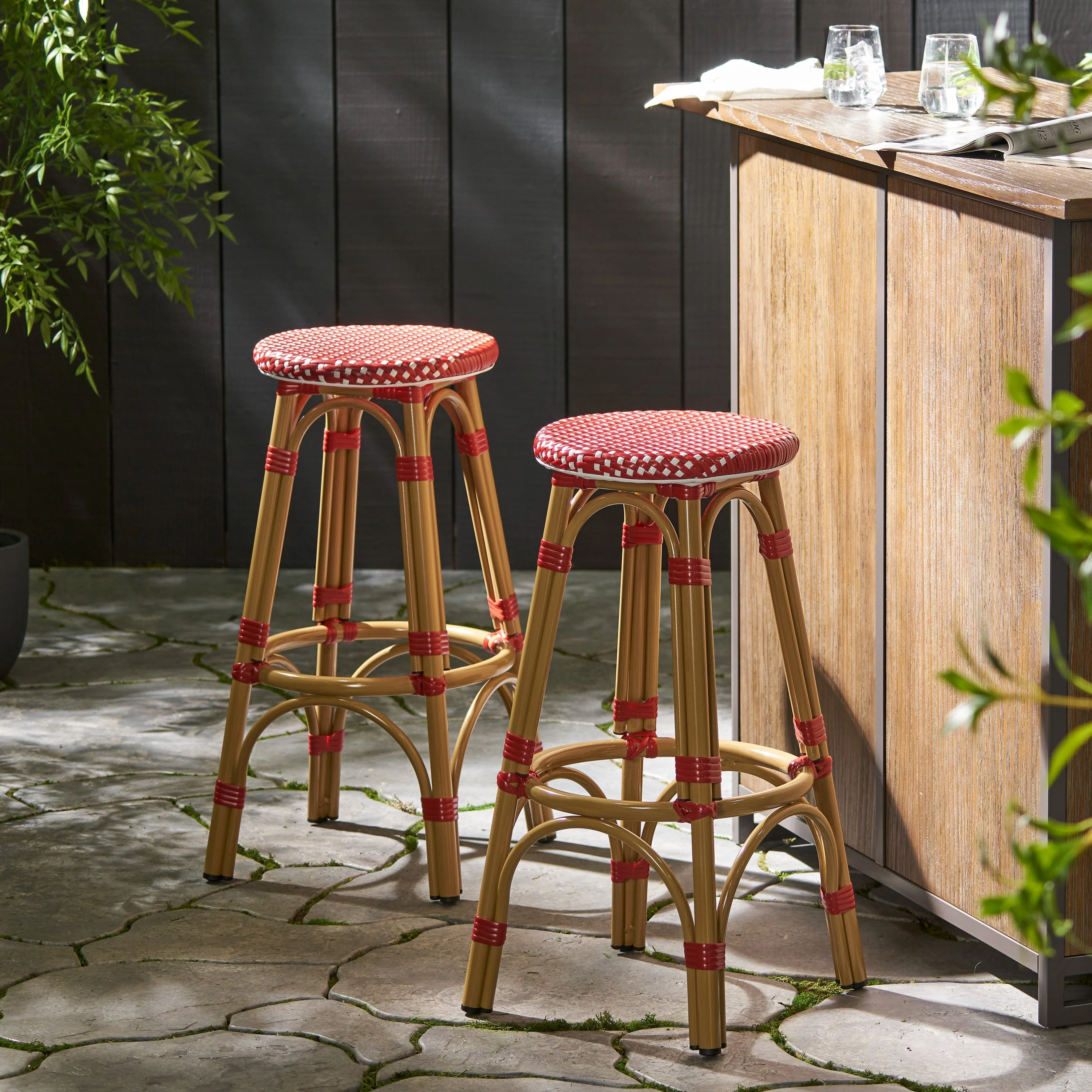 Outdoor PE Rattan and Aluminum French Backless Barstools, Set of 2 - Image 3