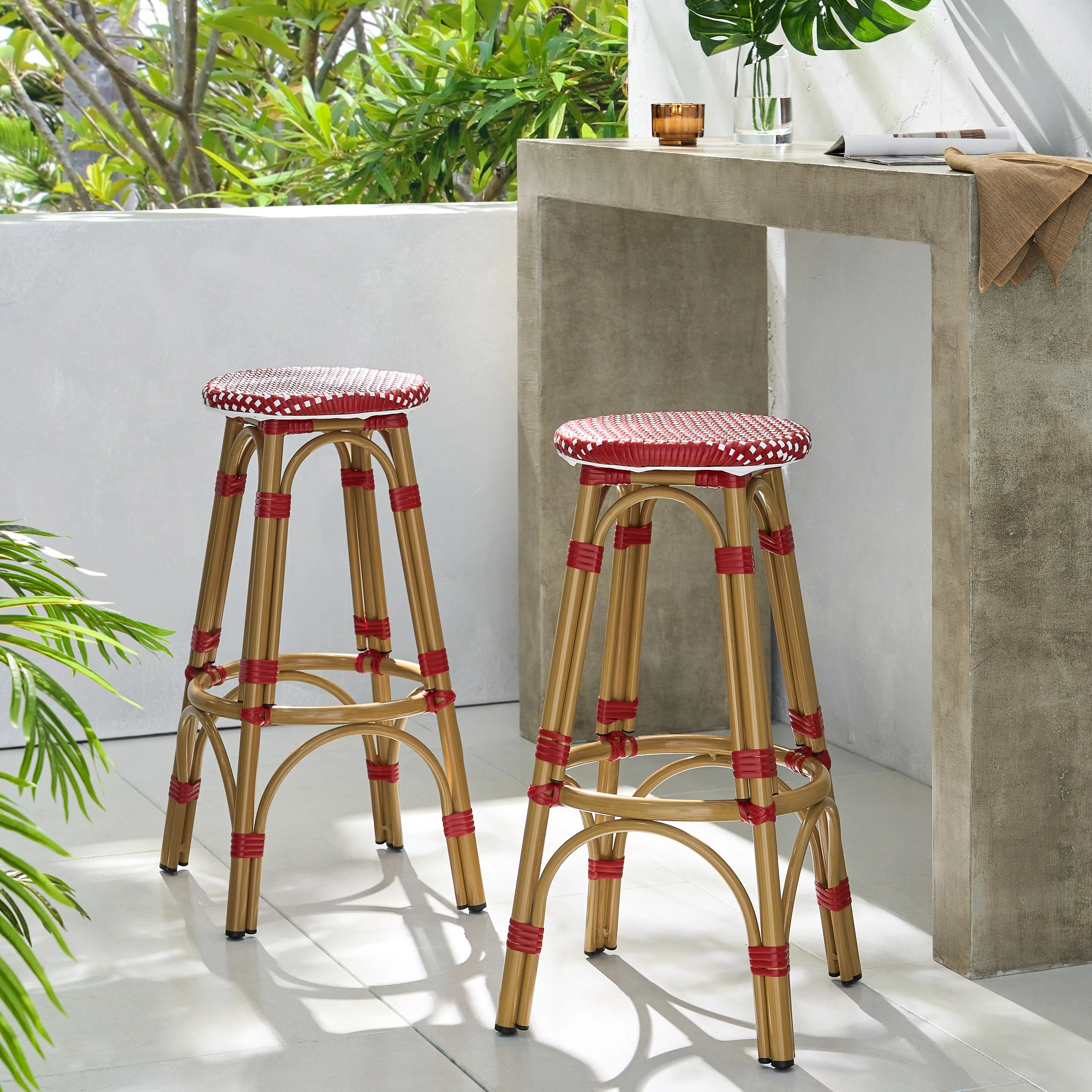 Outdoor PE Rattan and Aluminum French Backless Barstools, Set of 2 - Image 4