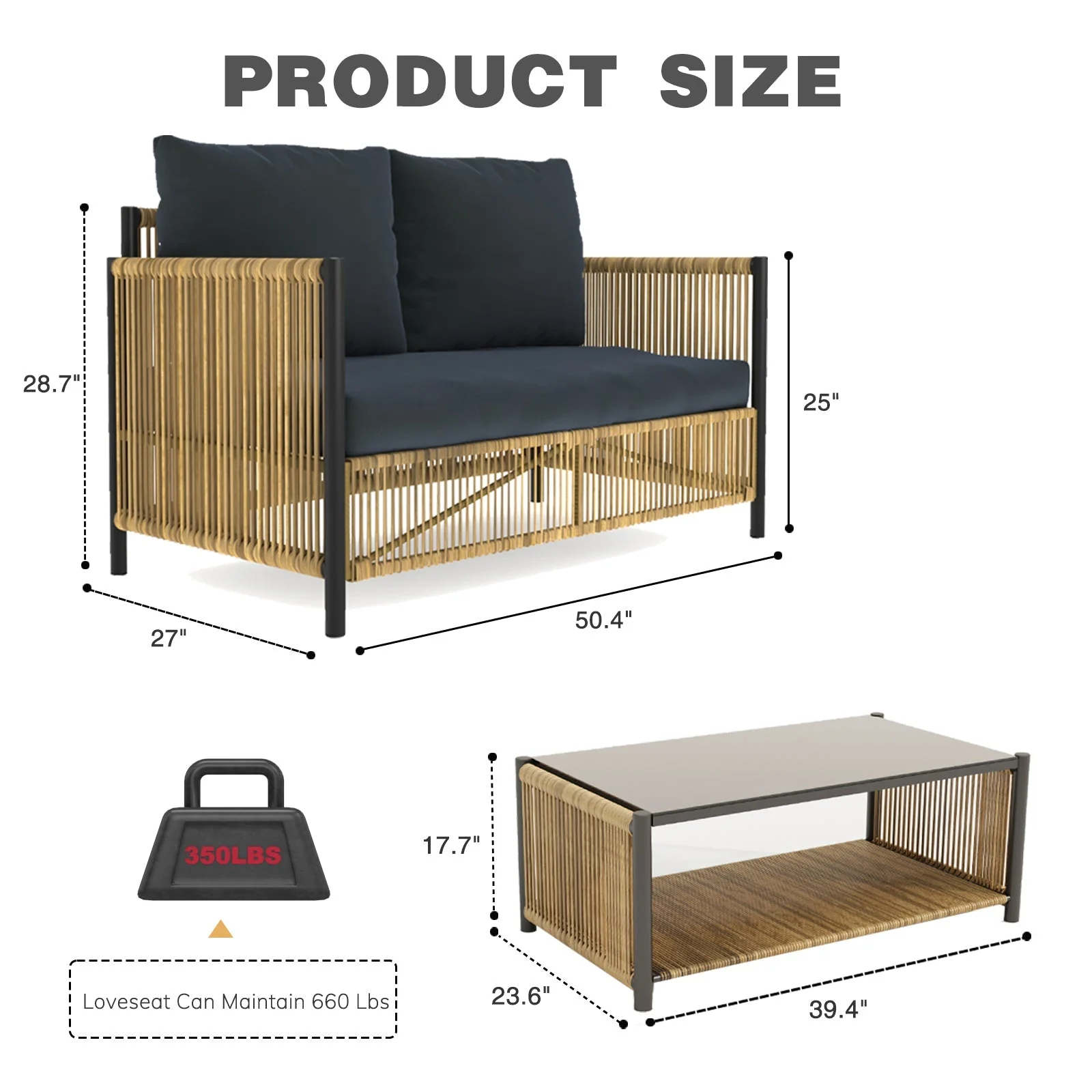 Outdoor PE Wicker 2-Seater Sofa Set with Grey Cushions and Table - Image 11