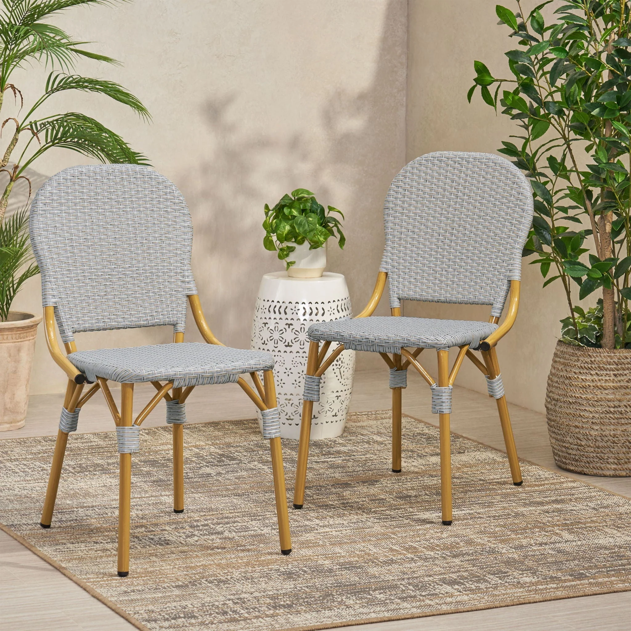 Outdoor Rattan and Aluminum Armless French Bistro Chairs (Set of 2) - Dark Gray - Image 3