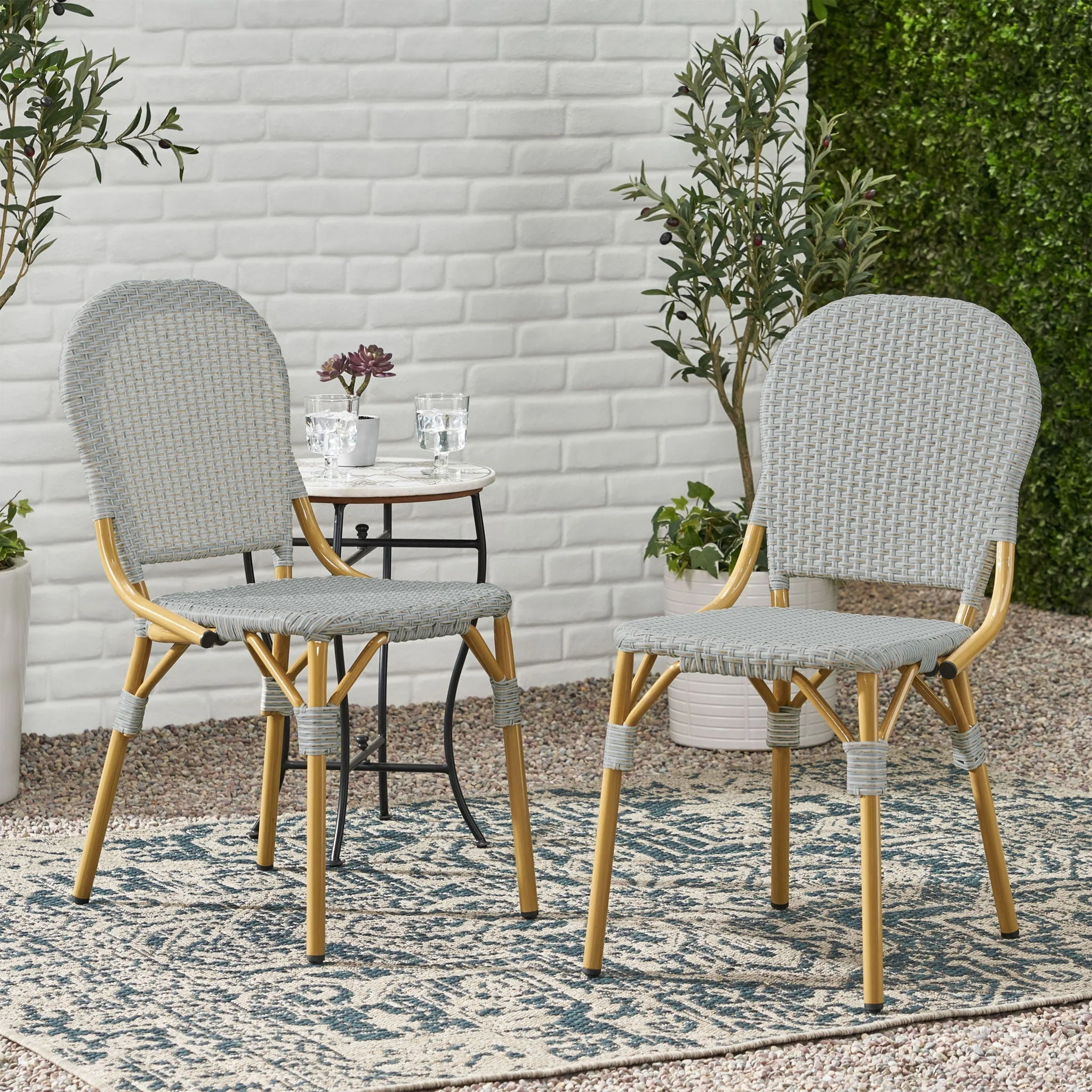 Outdoor Rattan and Aluminum Armless French Bistro Chairs (Set of 2) - Dark Gray - Image 4