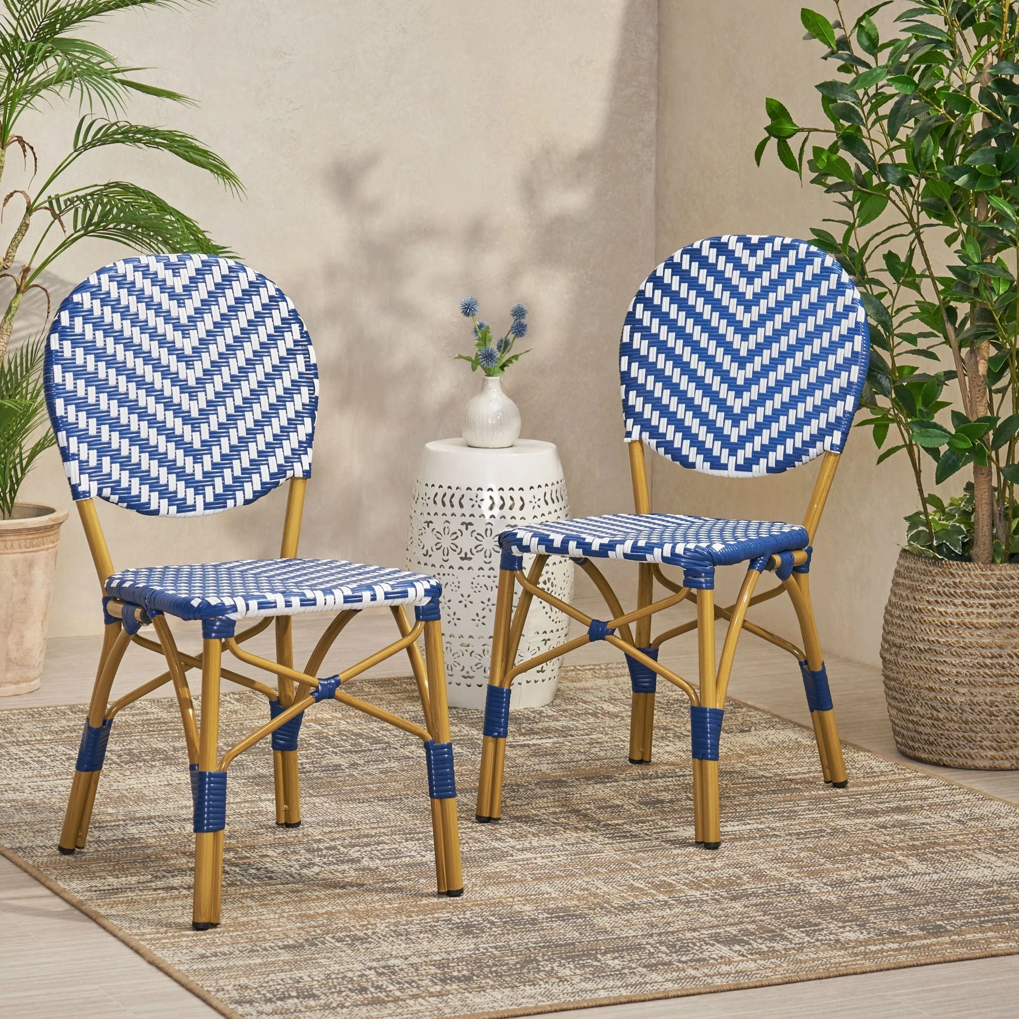Outdoor Rattan And Aluminum French Armless Bistro Chairs Set - Navy Blue - Image 2