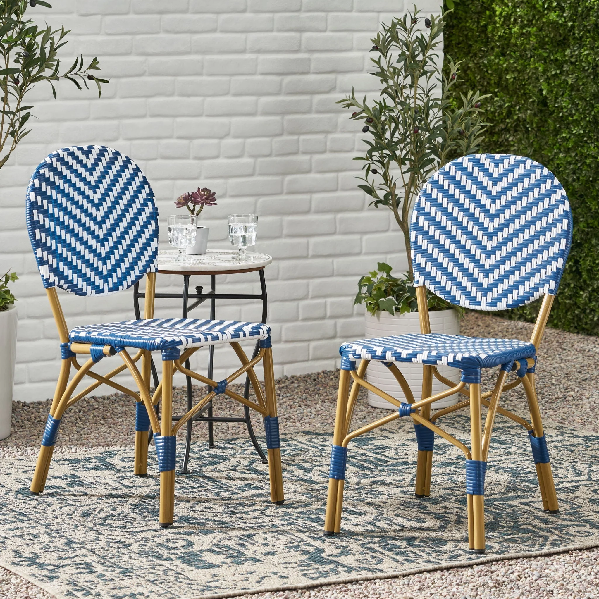 Outdoor Rattan And Aluminum French Armless Bistro Chairs Set - Navy Blue - Image 3