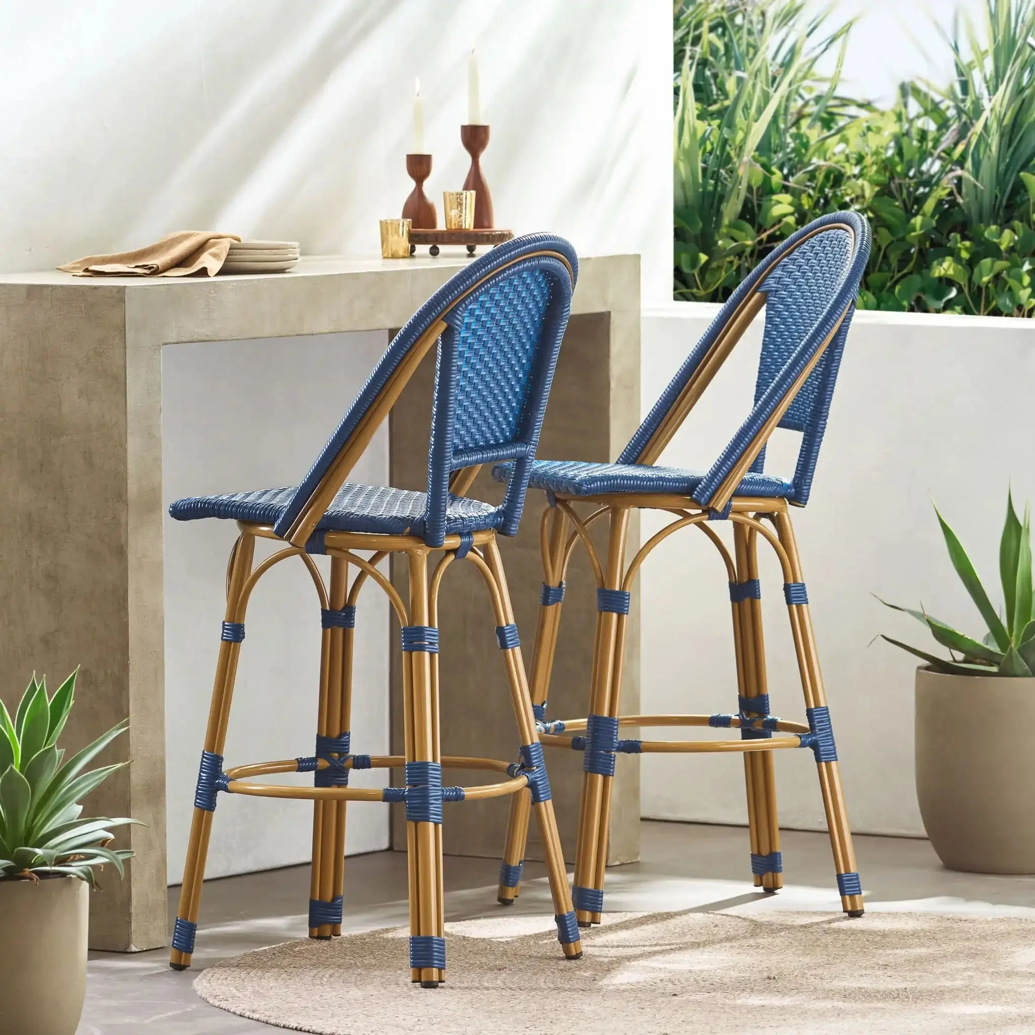 Outdoor Rattan And Aluminum French Barstools (Set of 2) - Image 4