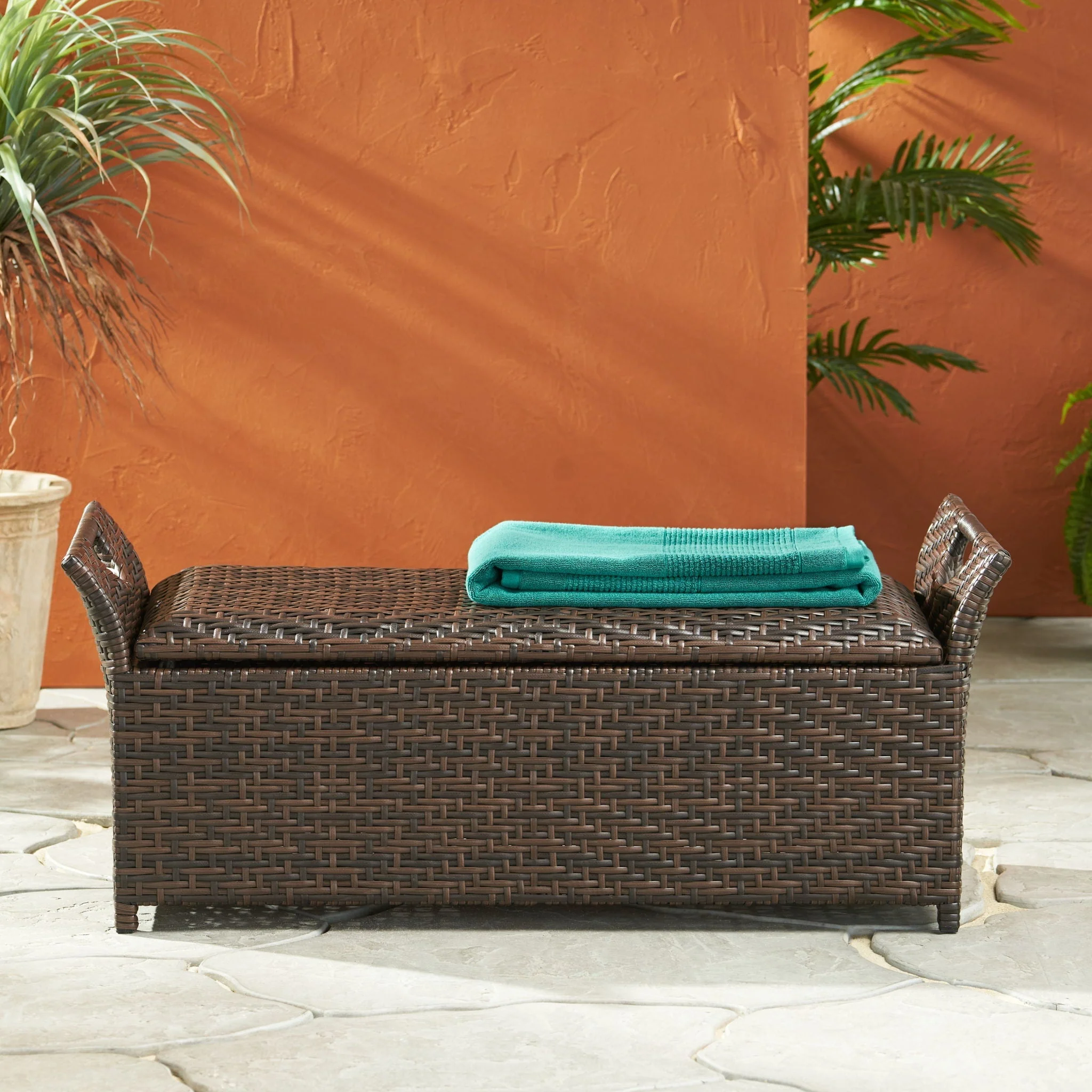 Outdoor Rattan Bench with Flair Arm and Storage - Brown - Image 3