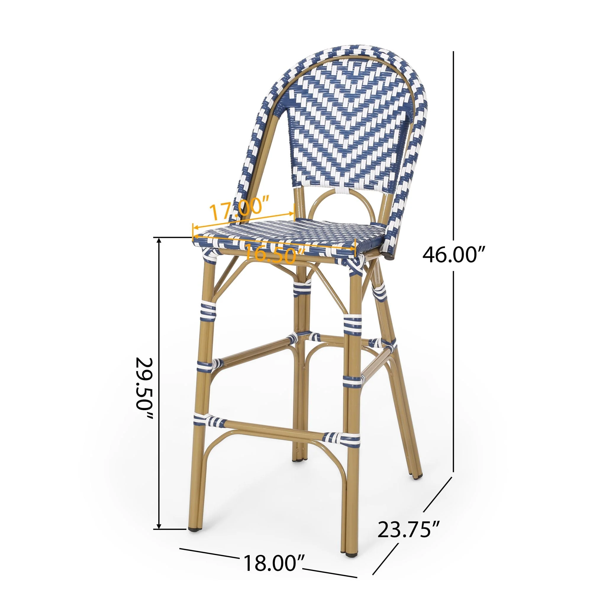 Outdoor Rattan French Barstool Set,, Bamboo, Seat Height - Navy Blue / White - Image 3