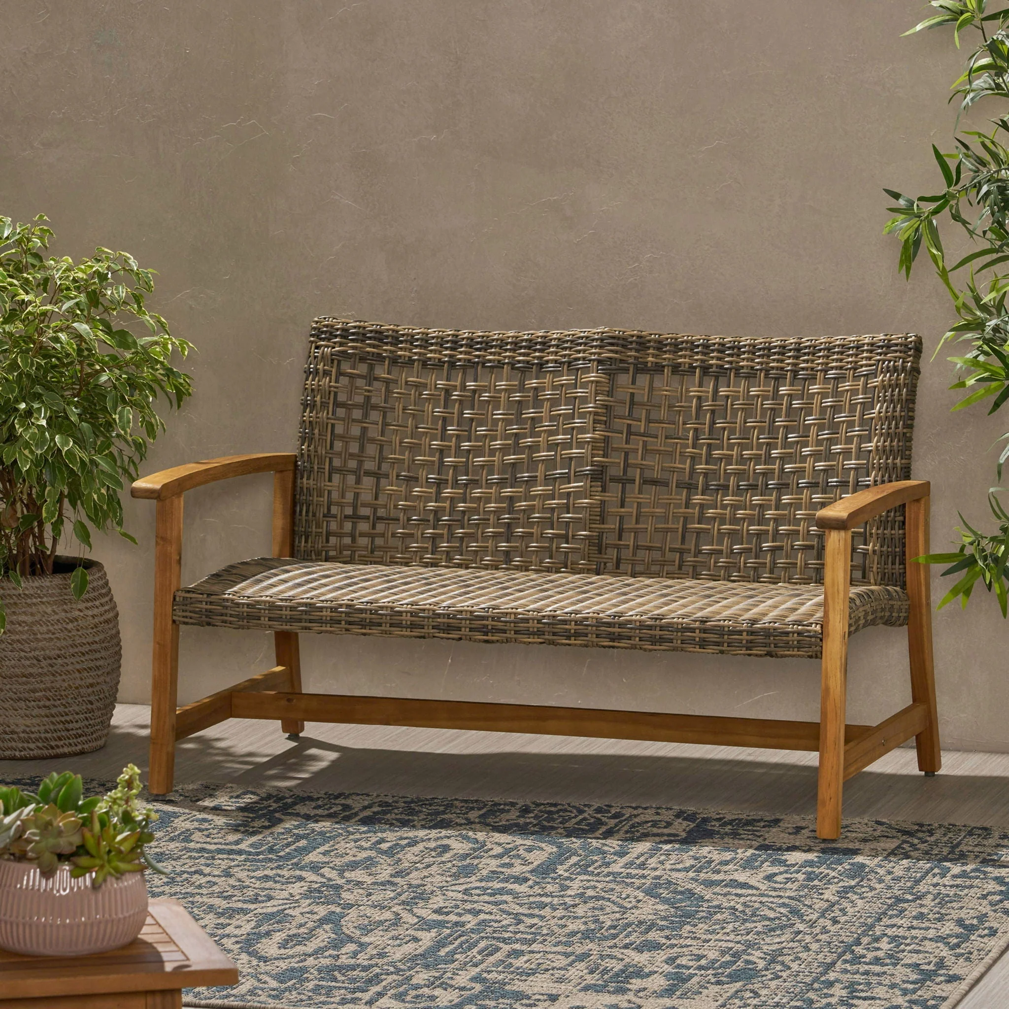 Outdoor Rattan Loveseat With Wooden Legs - Brown - Image 3