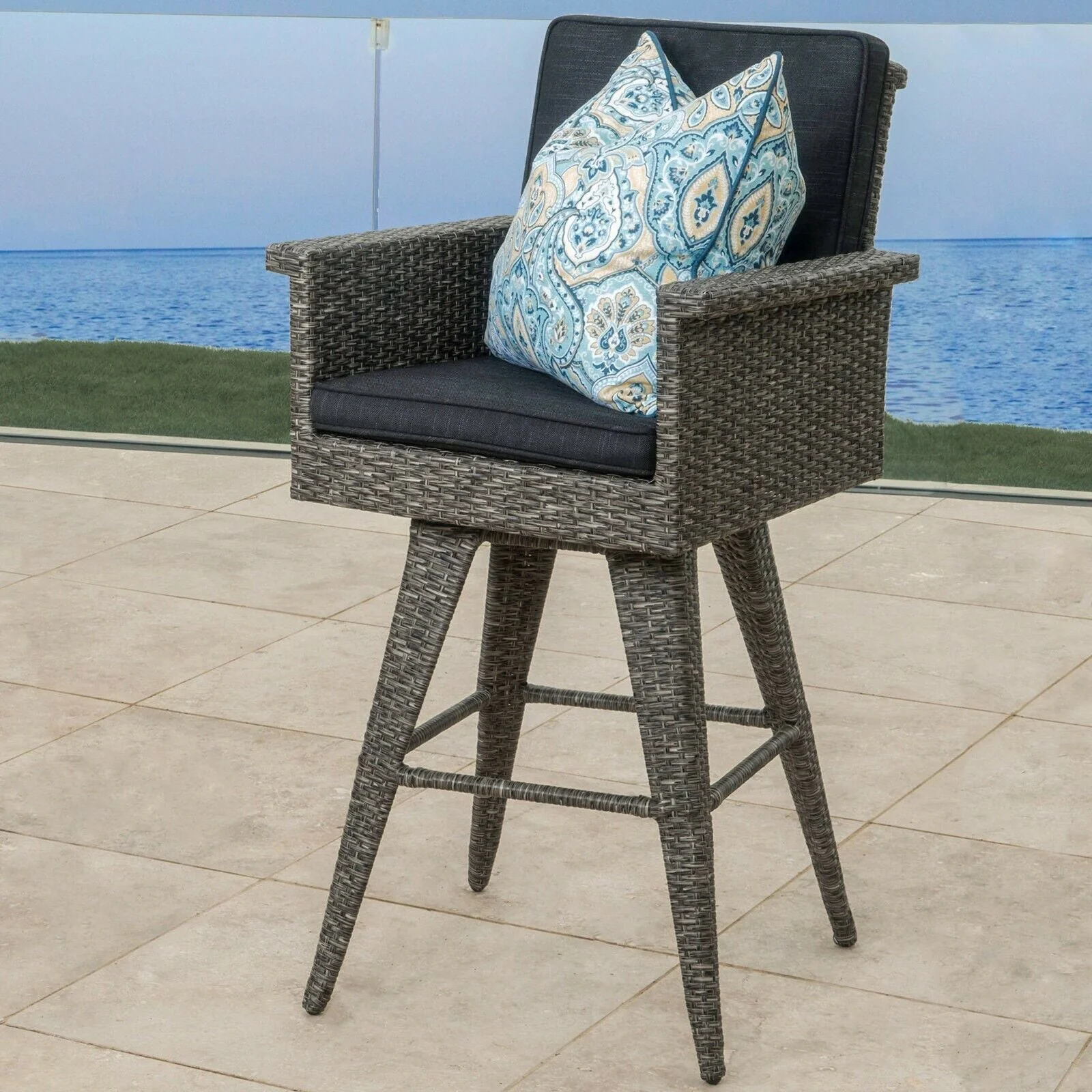 Outdoor Rattan Swivel Barstool With Water Resistant Cushion - Mixed Black / Dark Gray - Image 3