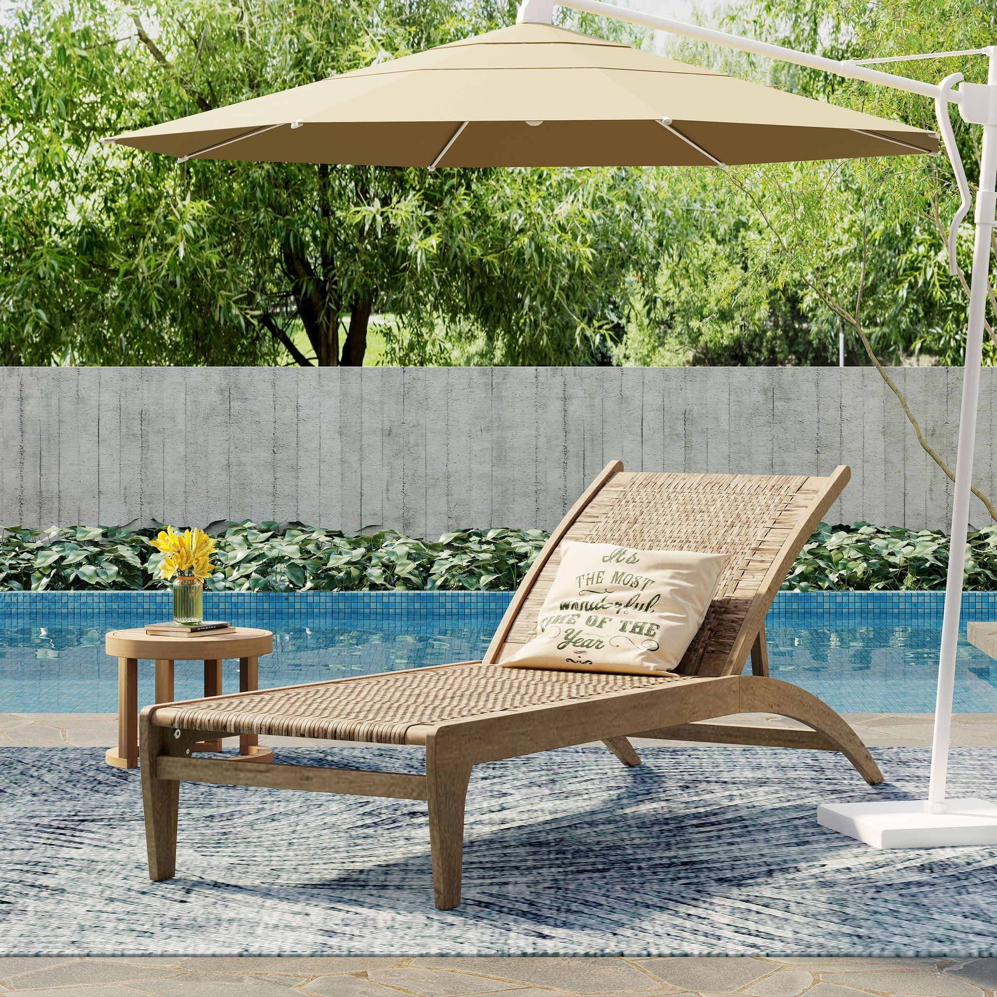 Outdoor Rattan Wicker Chaise Lounge With Acacia Wood Frame - Light Brown - Image 2