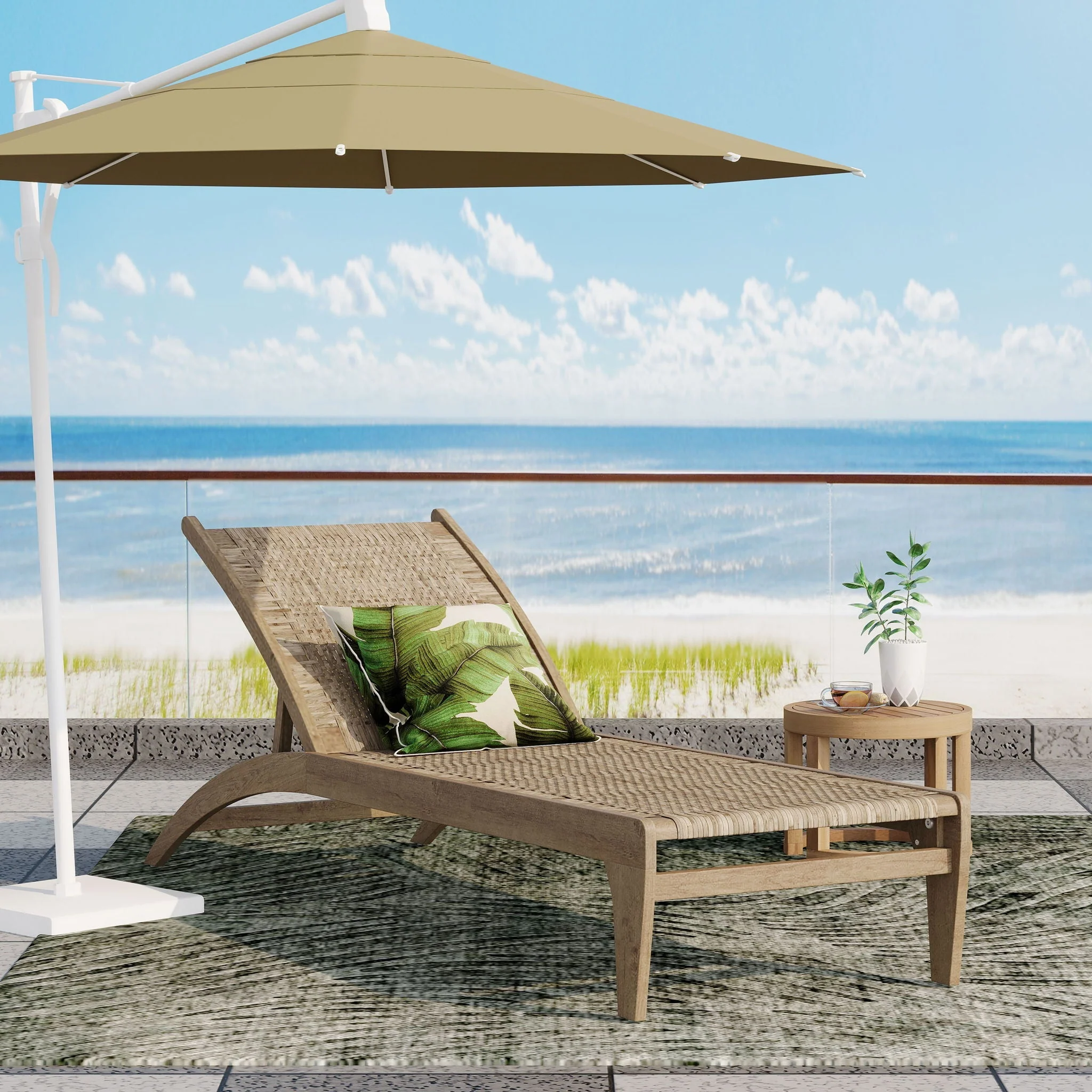 Outdoor Rattan Wicker Chaise Lounge With Acacia Wood Frame - Light Brown - Image 3