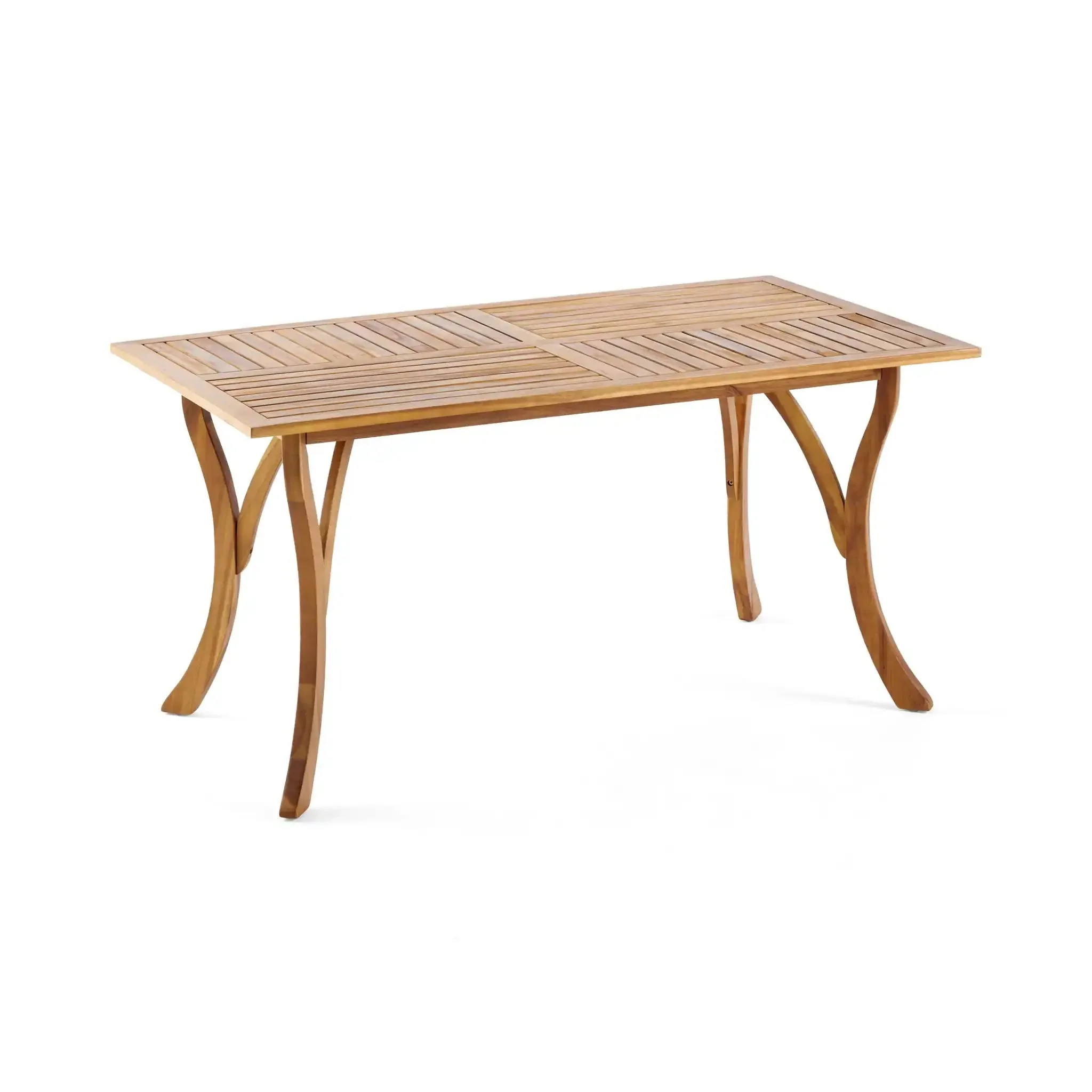 Outdoor Rectangular Table With Curved Legs And Perpendicular Wooden Slats Table Top - Image 2