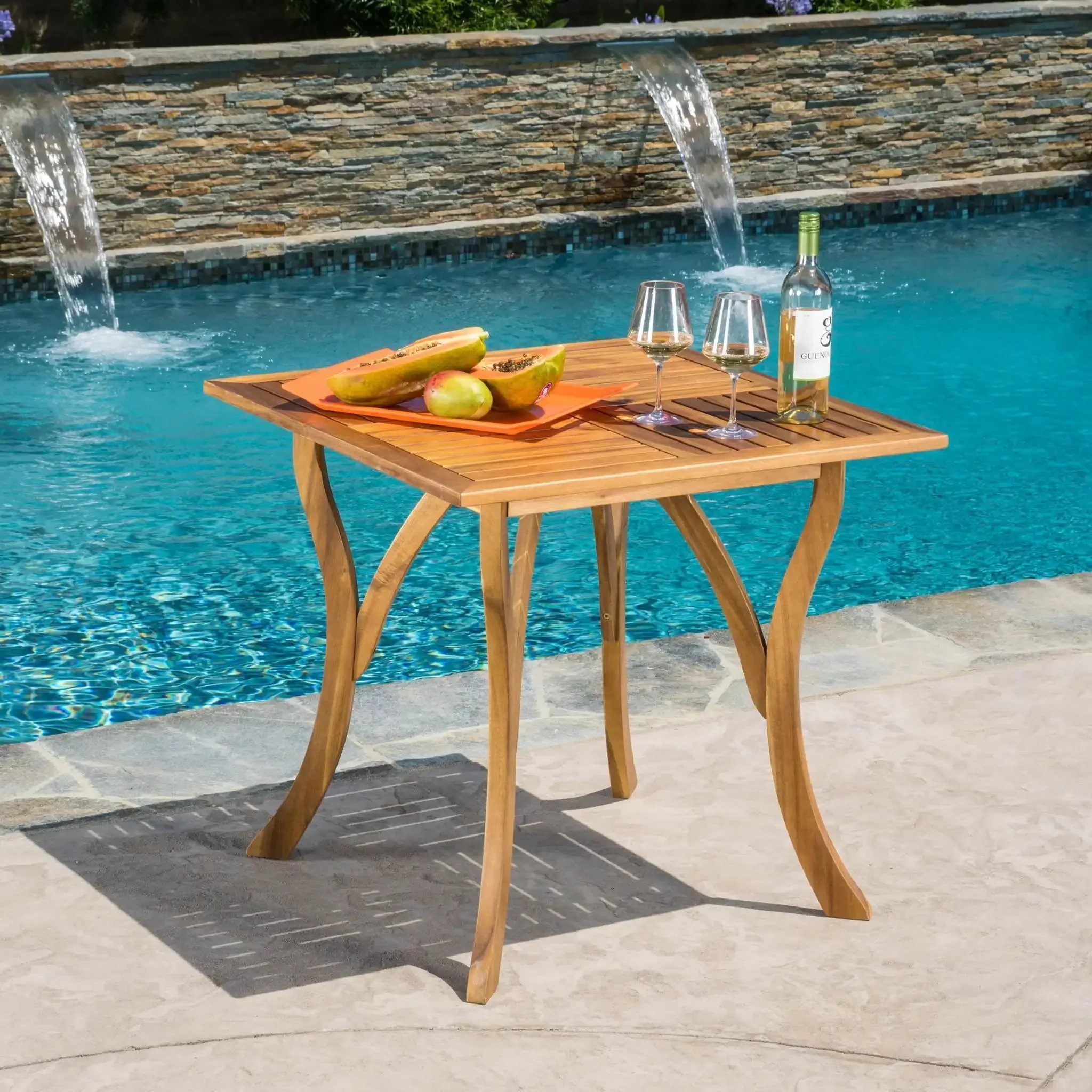 Outdoor Rectangular Table With Curved Legs And Perpendicular Wooden Slats Table Top - Image 3