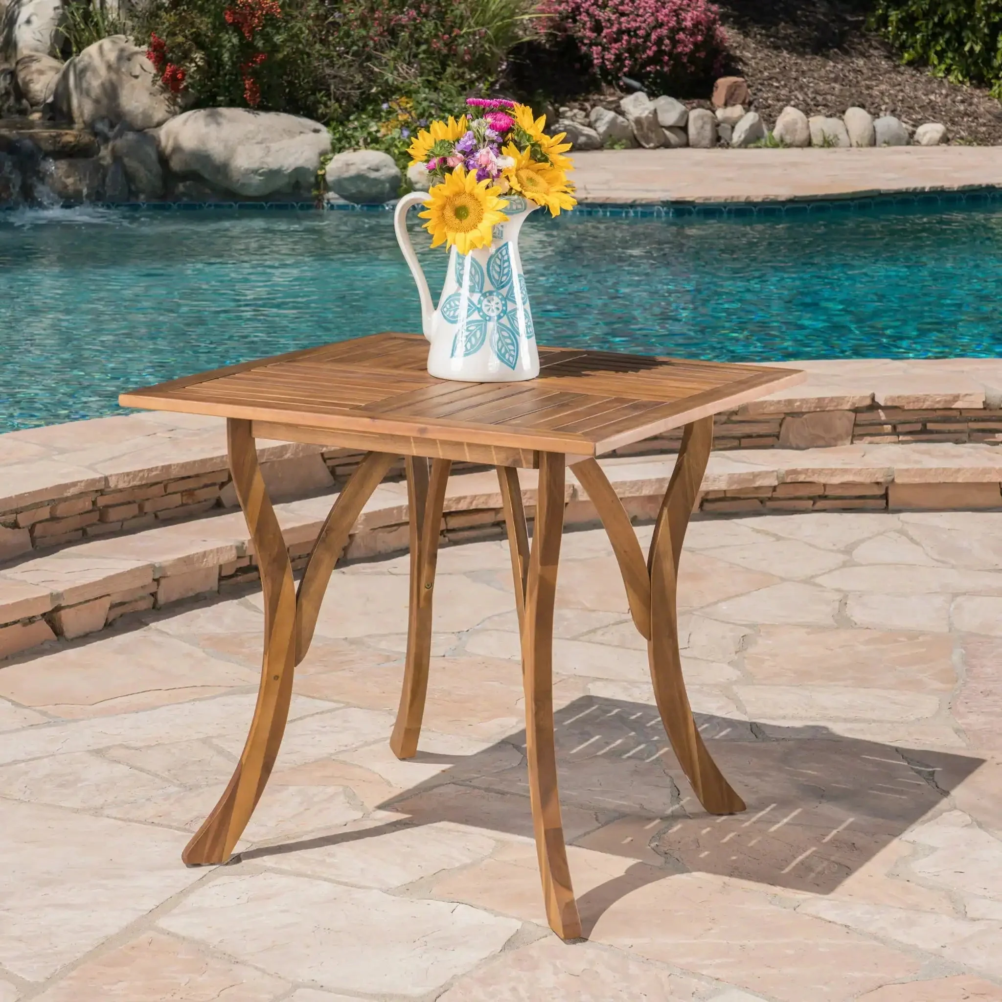Outdoor Rectangular Table With Curved Legs And Perpendicular Wooden Slats Table Top - Image 4