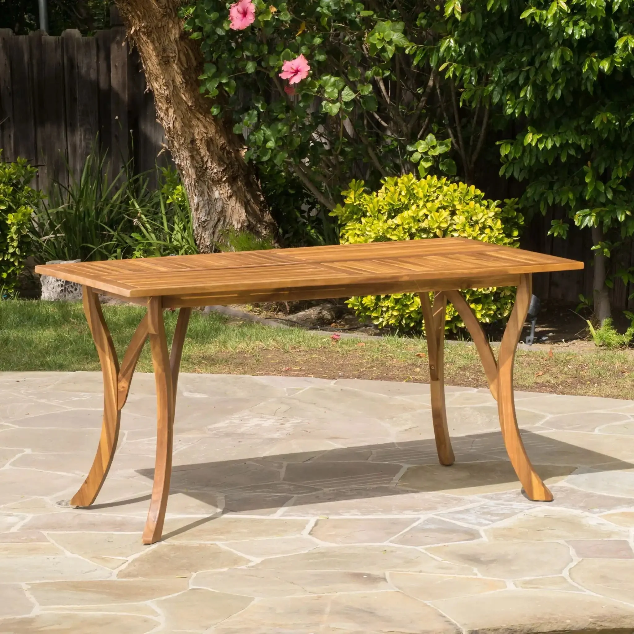 Outdoor Rectangular Table With Curved Legs And Perpendicular Wooden Slats Table Top - Image 5