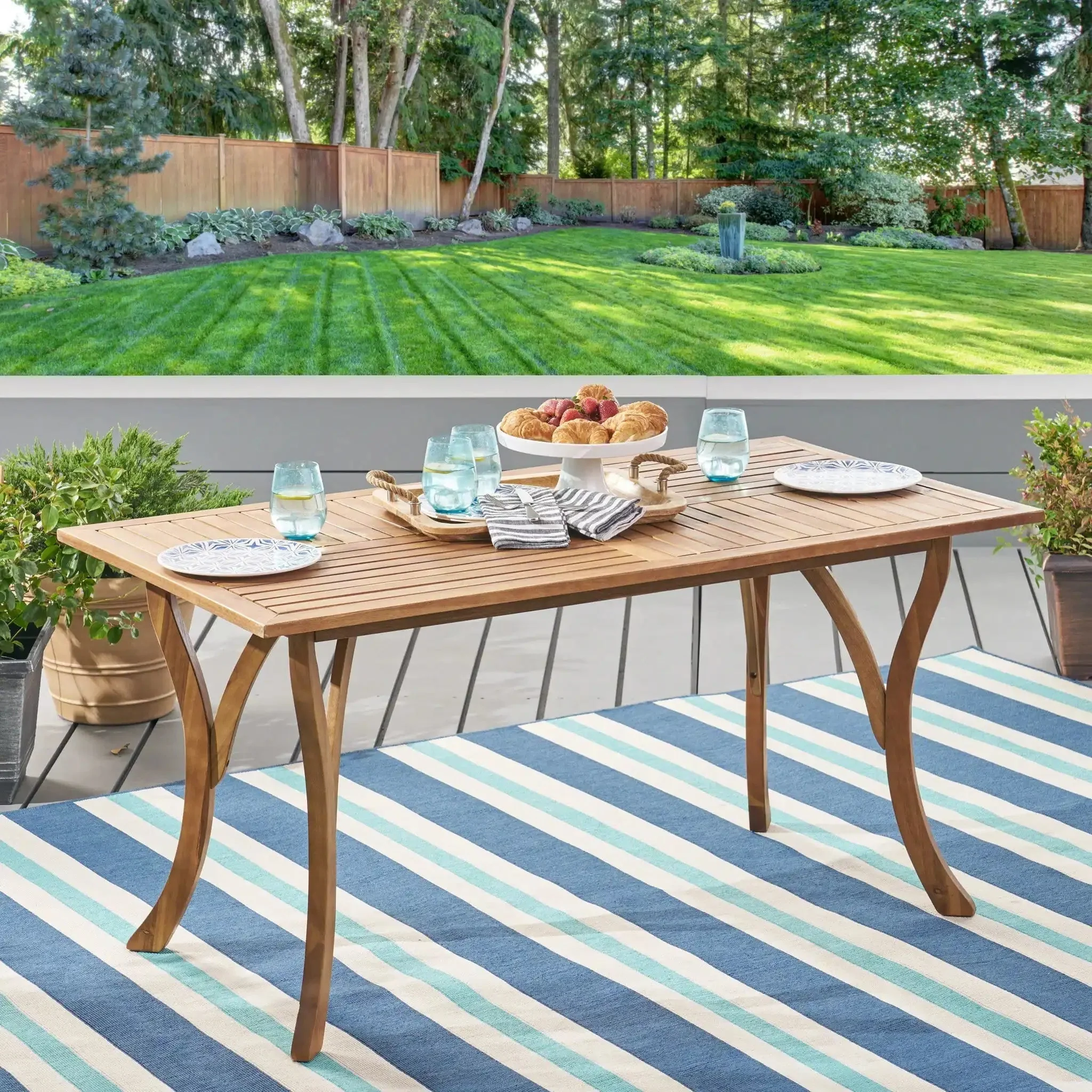 Outdoor Rectangular Table With Curved Legs And Perpendicular Wooden Slats Table Top - Image 7