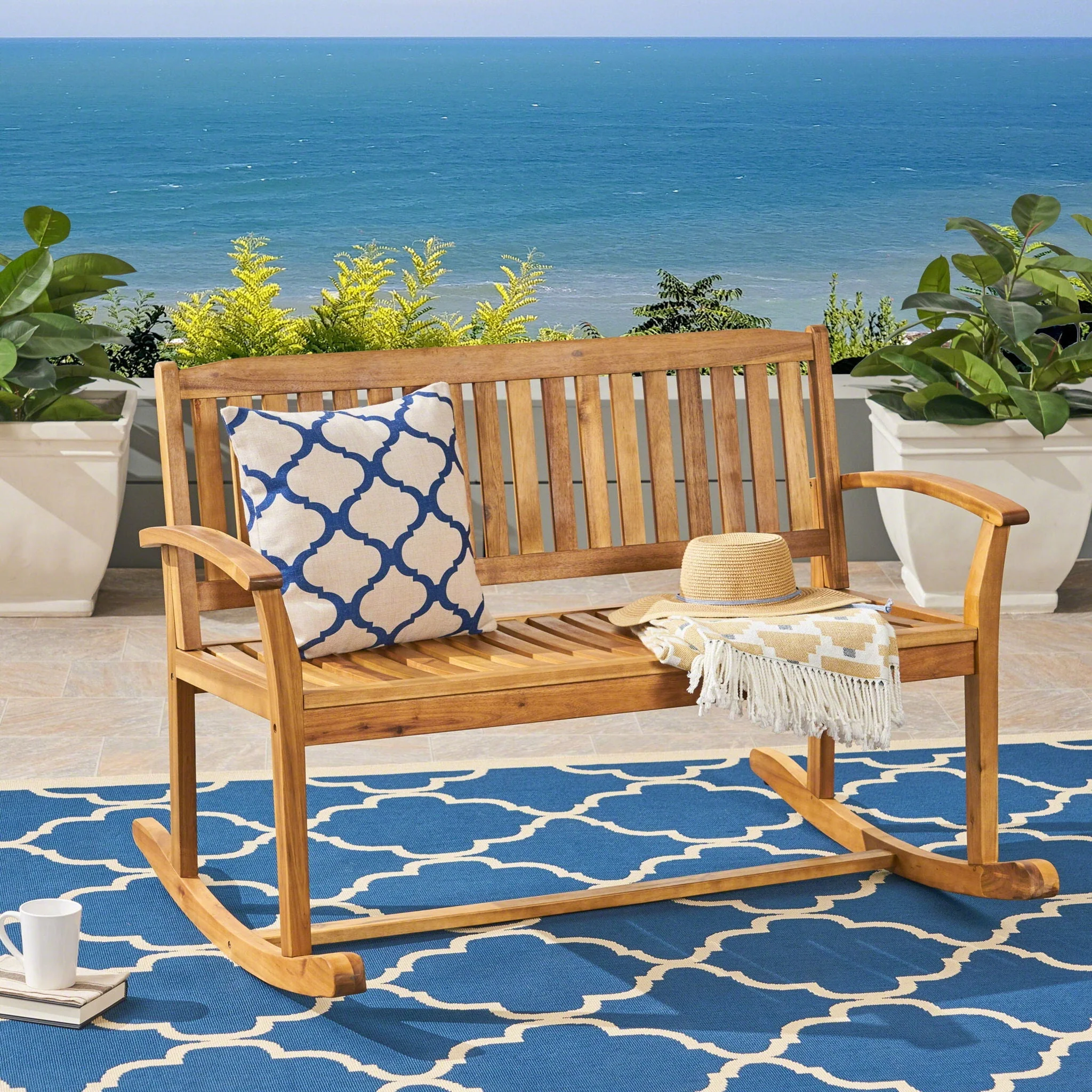 Outdoor Rocking Loveseat With Acacia Wood Frame - Natural - Image 3