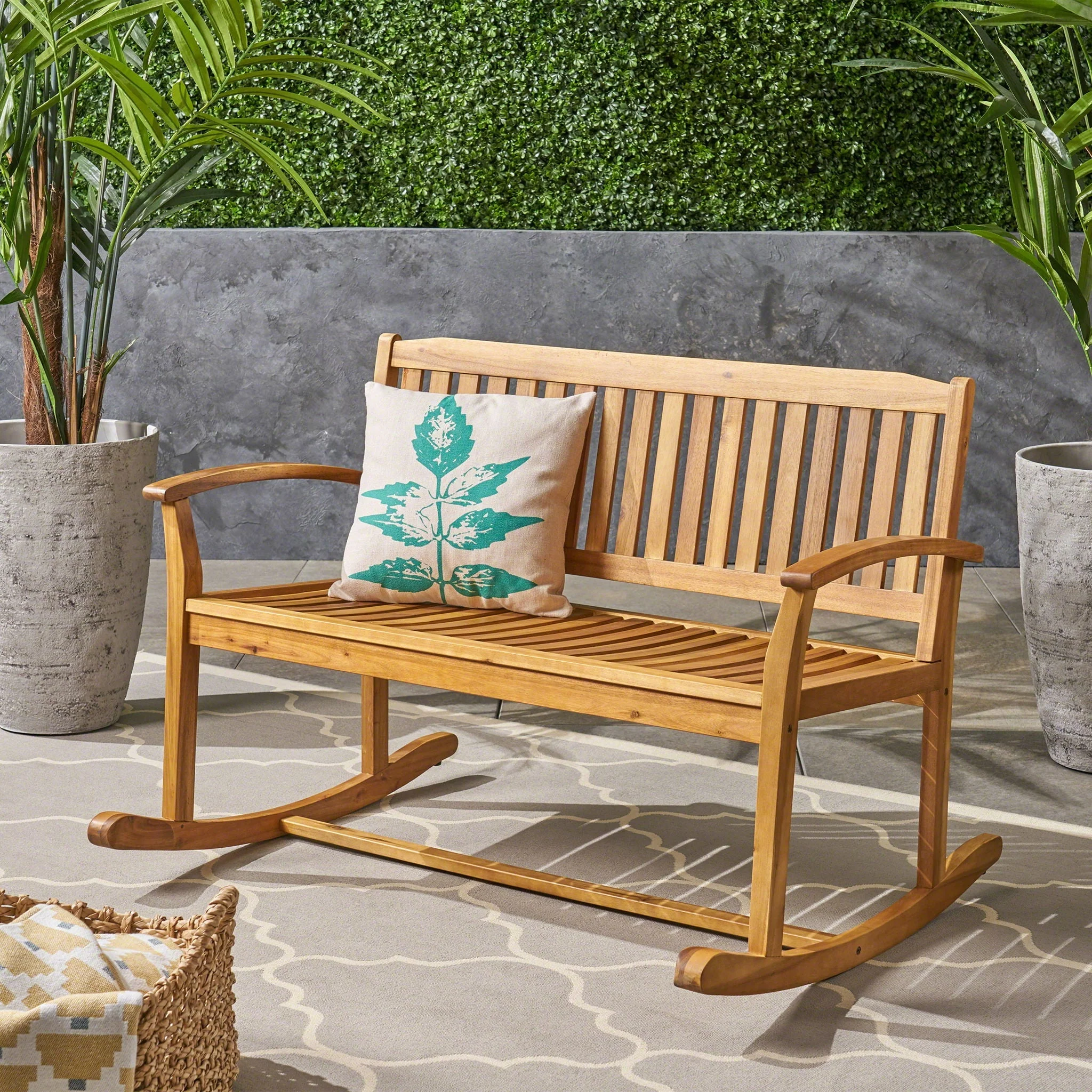 Outdoor Rocking Loveseat With Acacia Wood Frame - Natural - Image 4