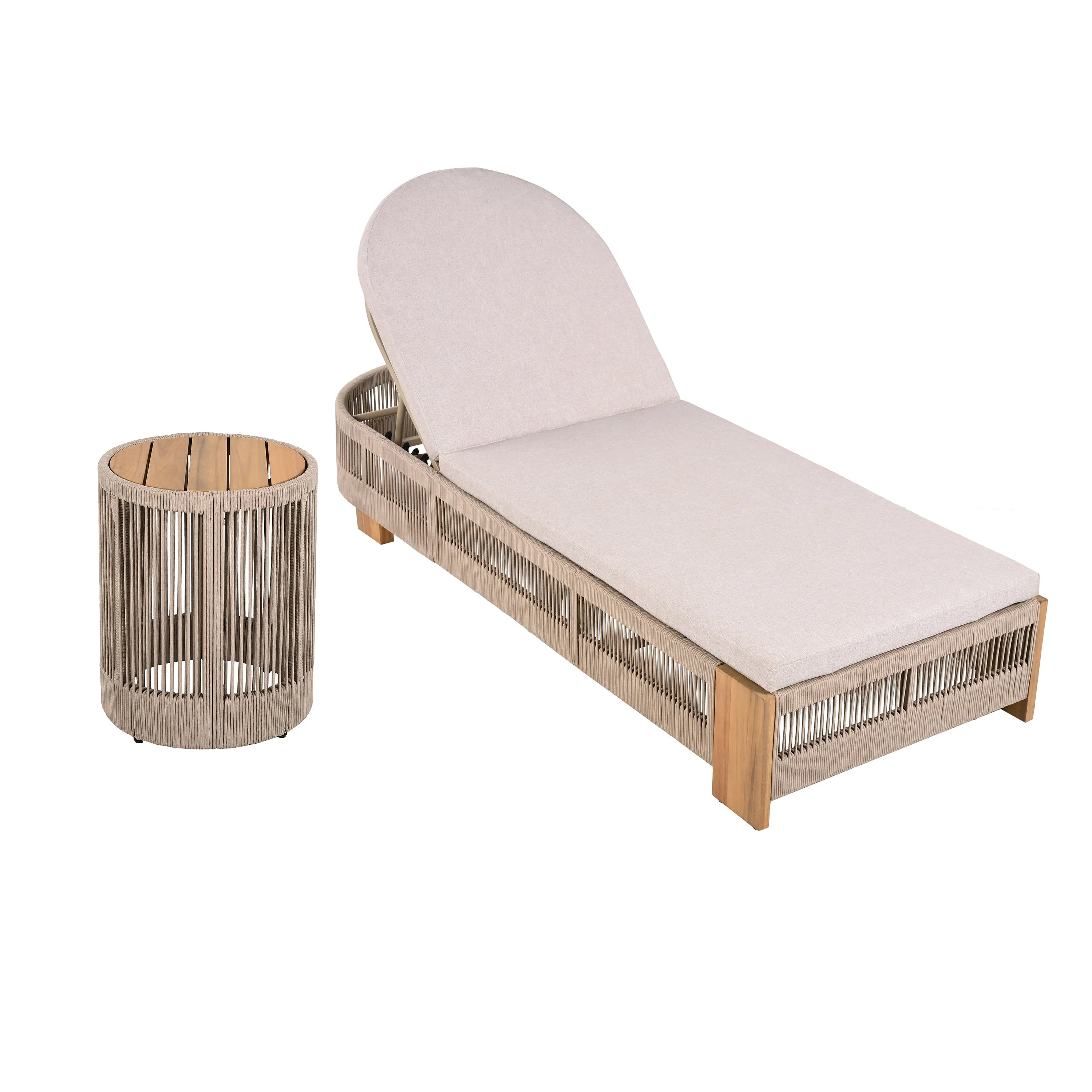 Outdoor Rope Chaise Lounge Set with Adjustable Backrest and Teak Look Side Table - Image 10