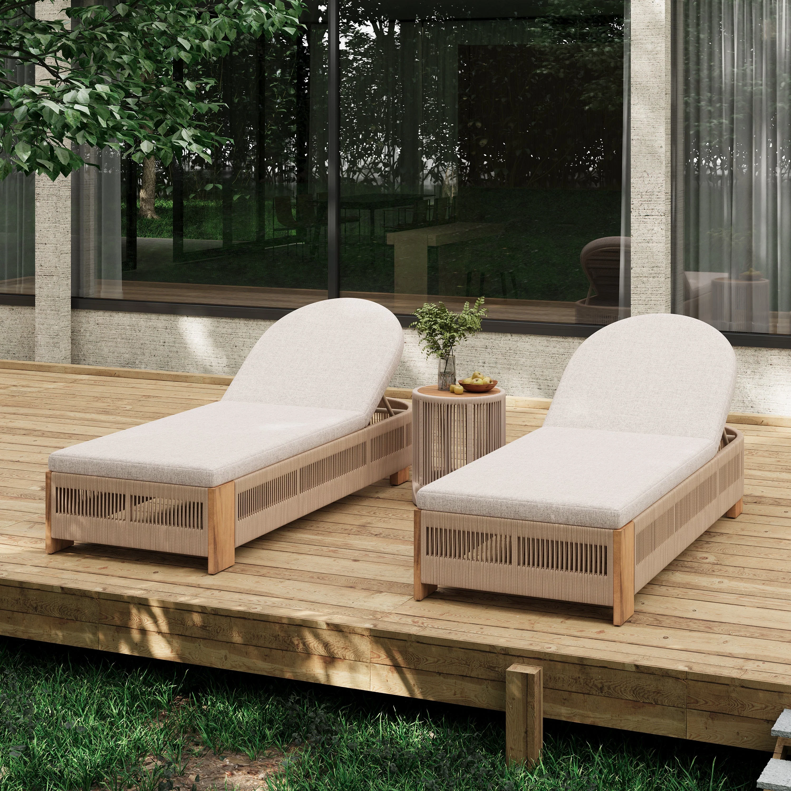 Outdoor Rope Chaise Lounge Set with Adjustable Backrest and Teak Look Side Table - Image 2