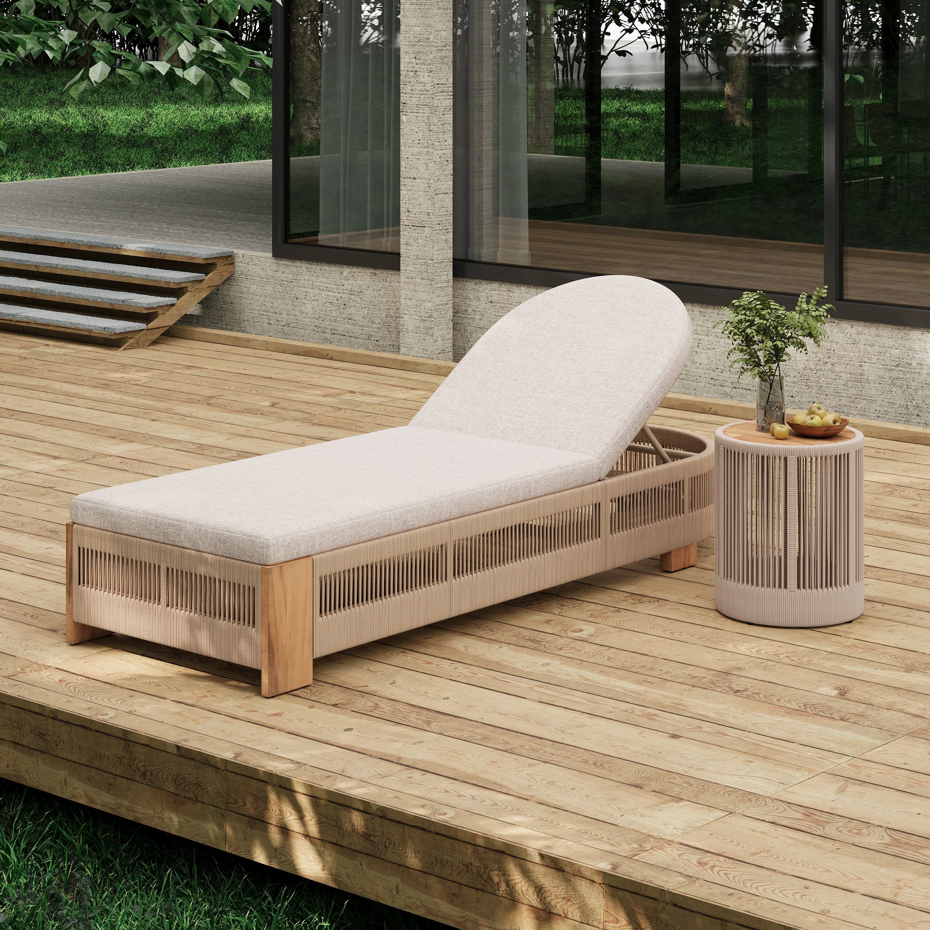 Outdoor Rope Chaise Lounge Set with Adjustable Backrest and Teak Look Side Table - Image 9