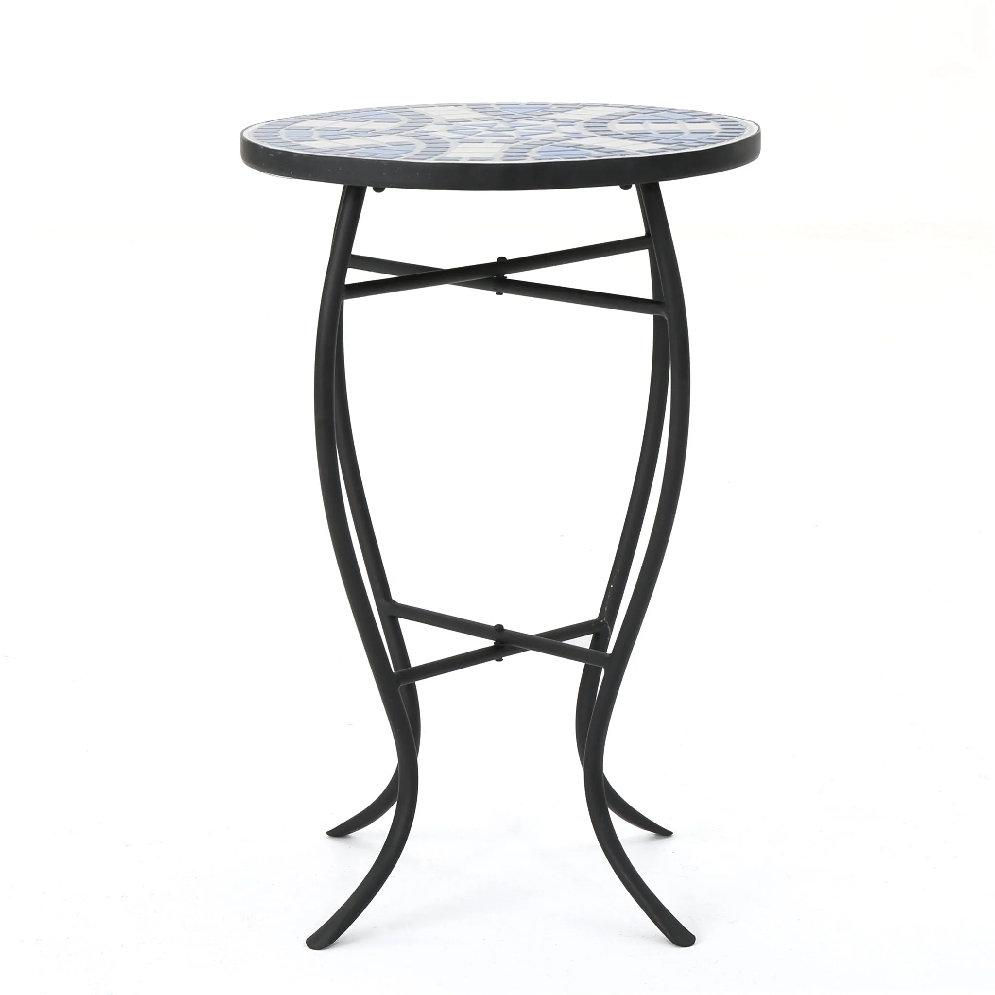Outdoor Round Side Table with Mosaic Style Top and Curved Iron Legs - Blue / Matte Black - Image 2