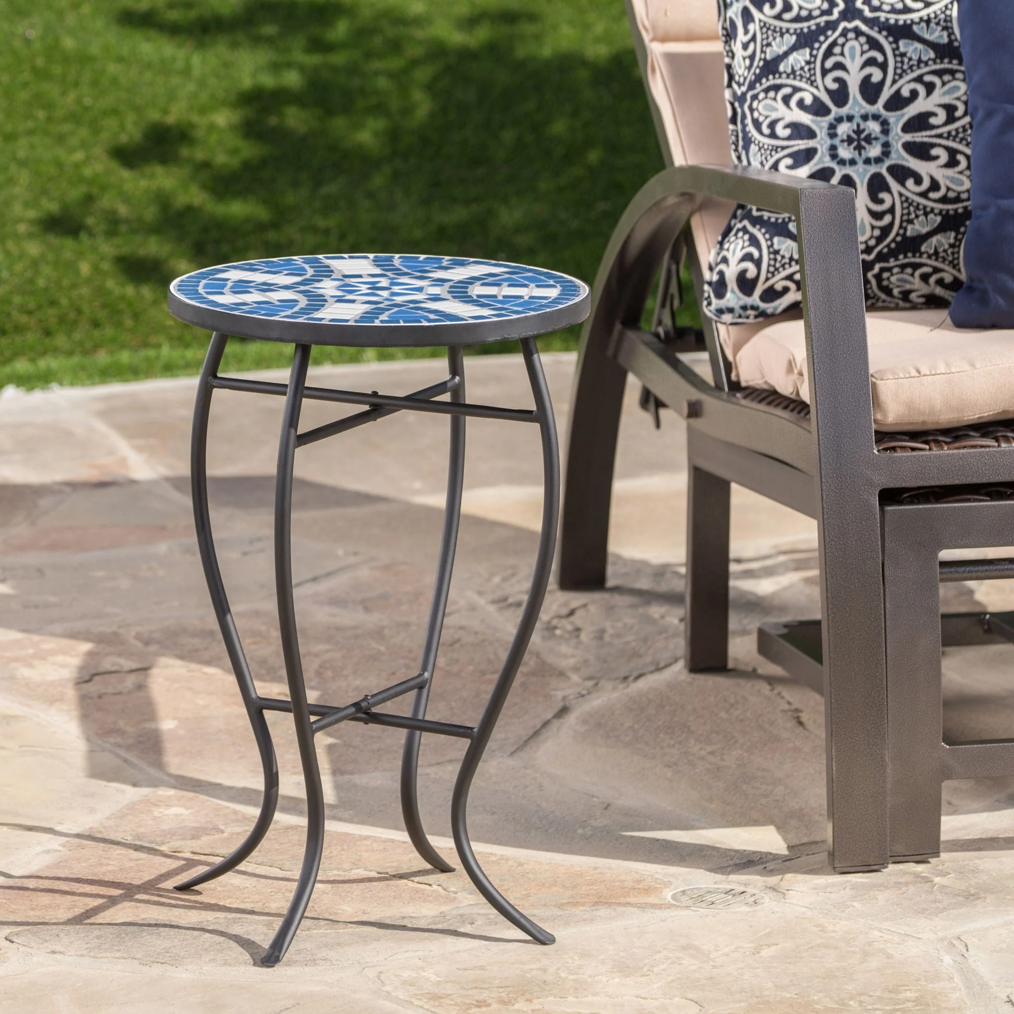 Outdoor Round Side Table with Mosaic Style Top and Curved Iron Legs - Blue / Matte Black - Image 3