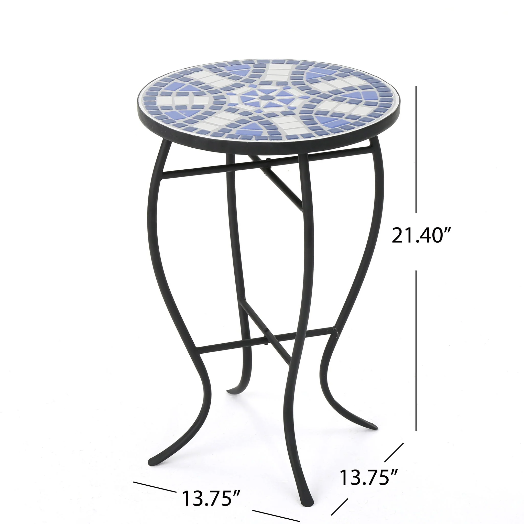 Outdoor Round Side Table with Mosaic Style Top and Curved Iron Legs - Blue / Matte Black - Image 4