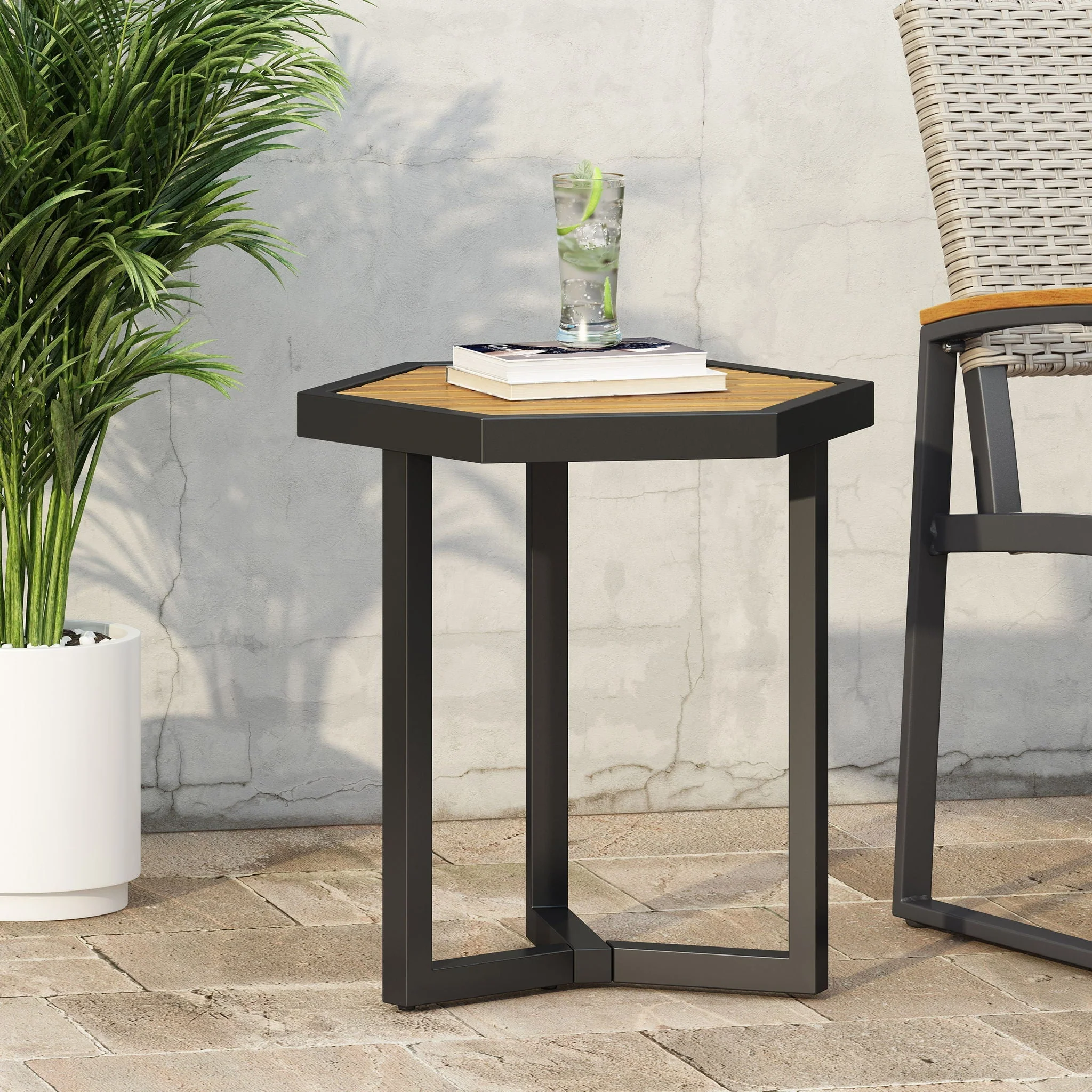 Outdoor Side Table with Iron Base and Slatted Top - Brown - Image 2