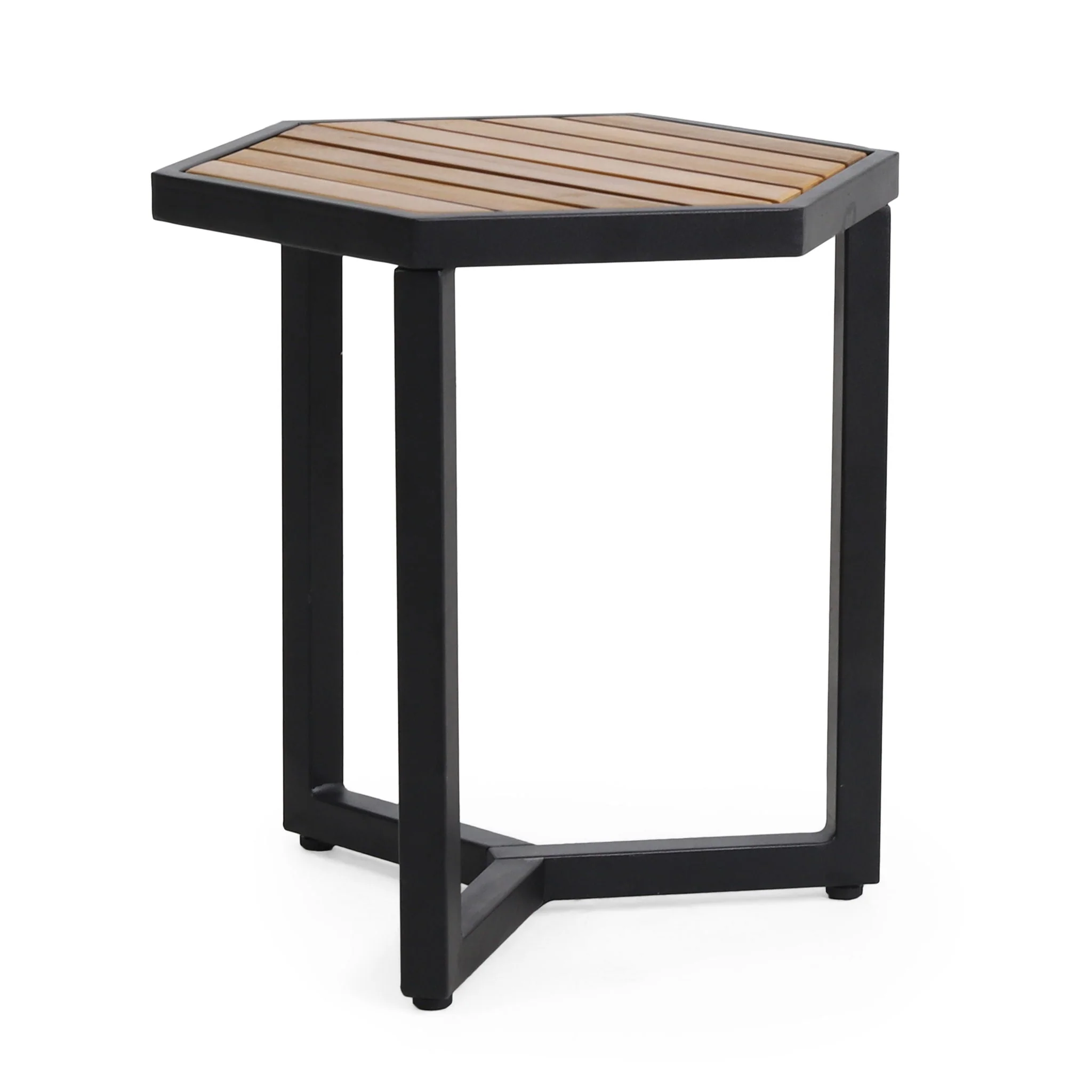 Outdoor Side Table with Iron Base and Slatted Top - Brown - Image 4