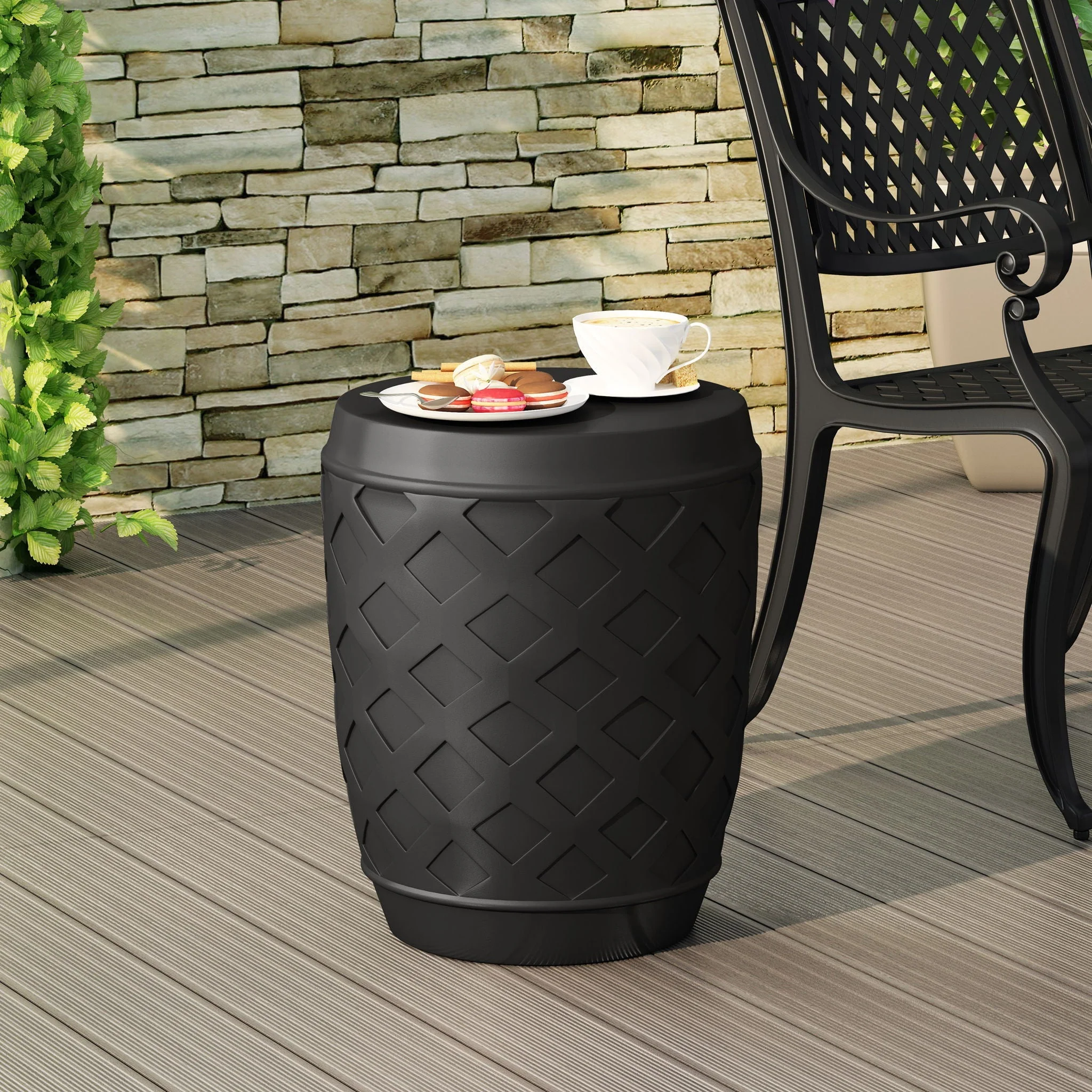 Outdoor Side Table with Lattice Design and Round Top - Black - Image 3