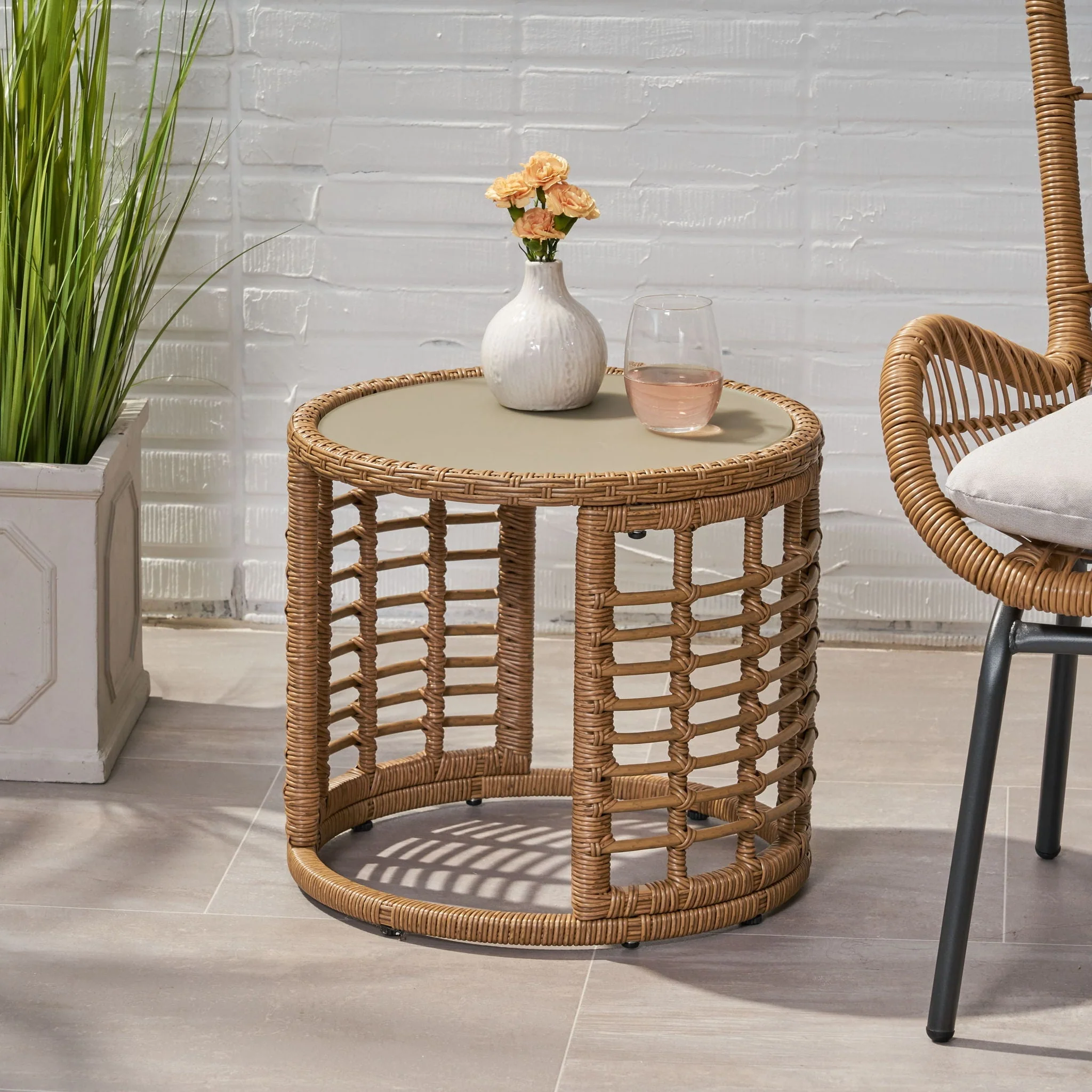 Outdoor Side Table with Tempered Glass Top and Rattan Wicker Cover - Light Brown - Image 2