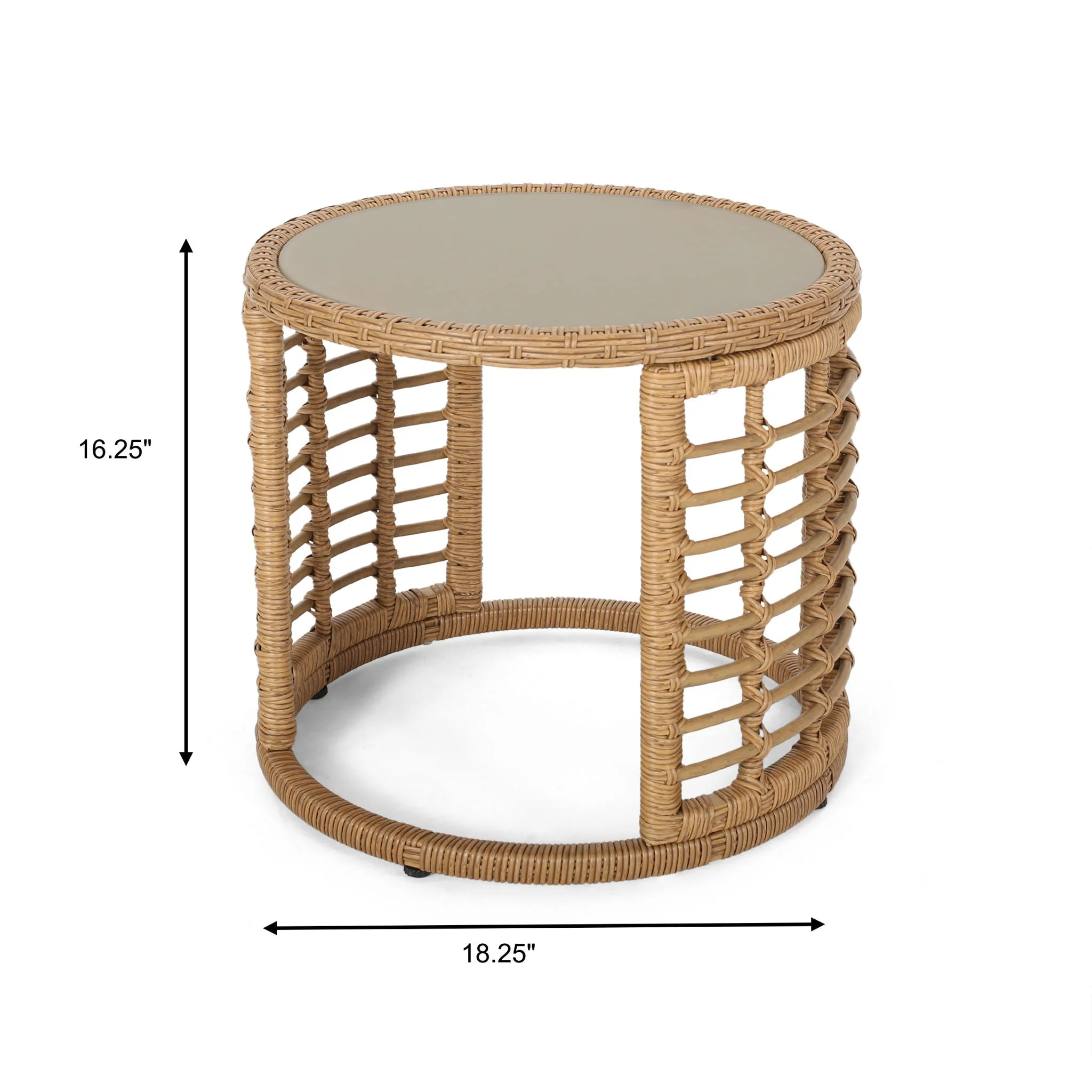 Outdoor Side Table with Tempered Glass Top and Rattan Wicker Cover - Light Brown - Image 3