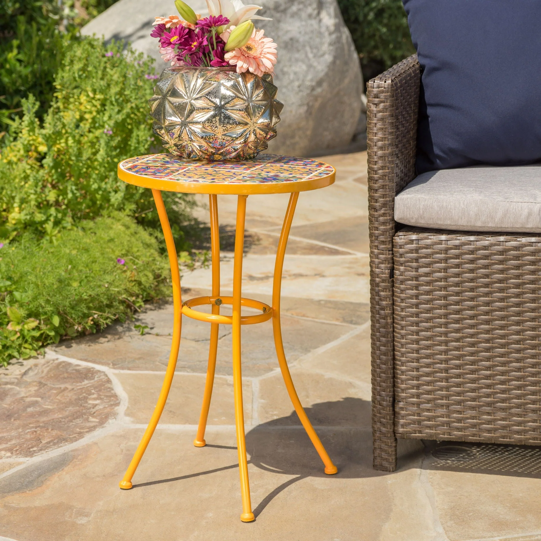 Outdoor Side Table With Tile Mosaic Table Top - Yellow - Image 3