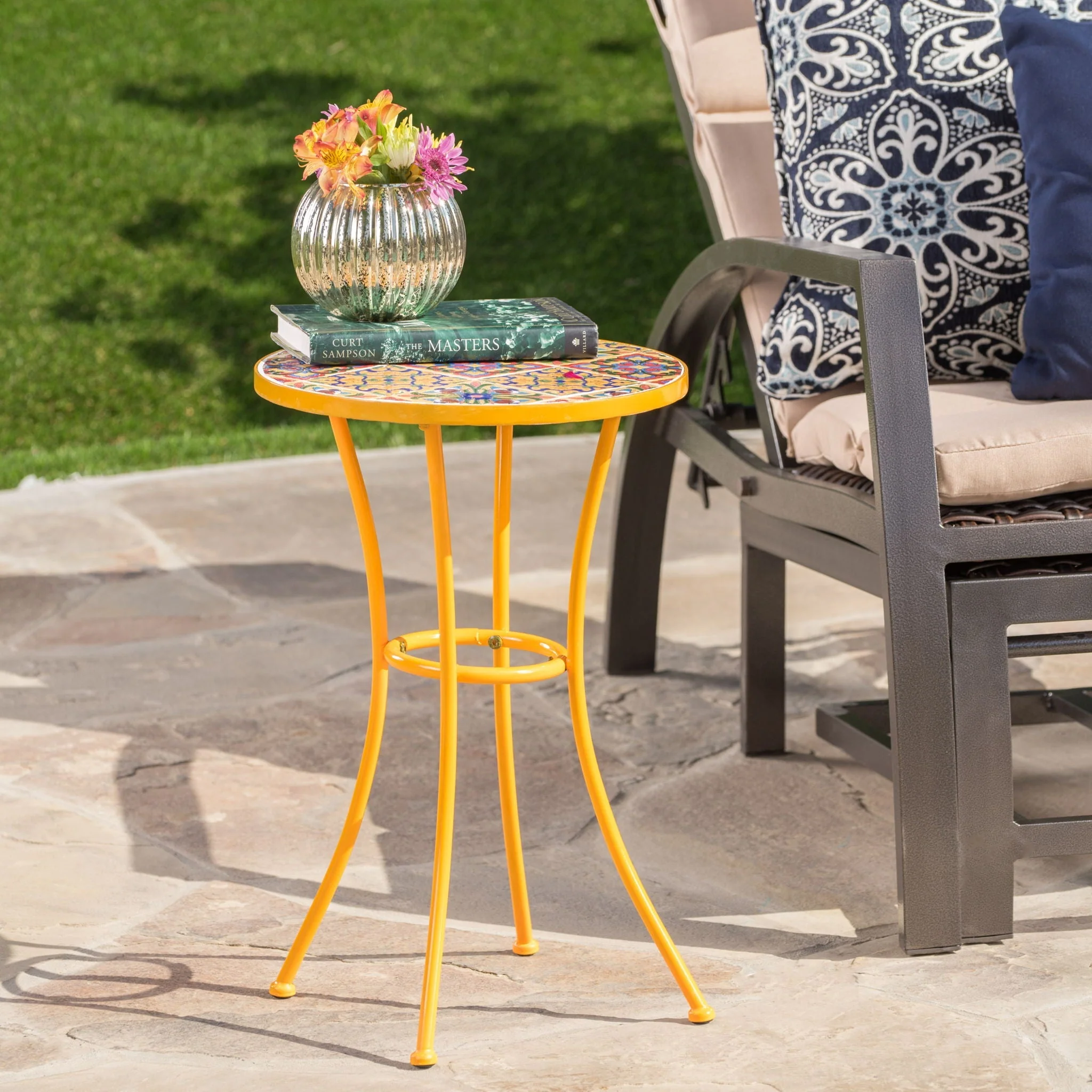 Outdoor Side Table With Tile Mosaic Table Top - Yellow - Image 4